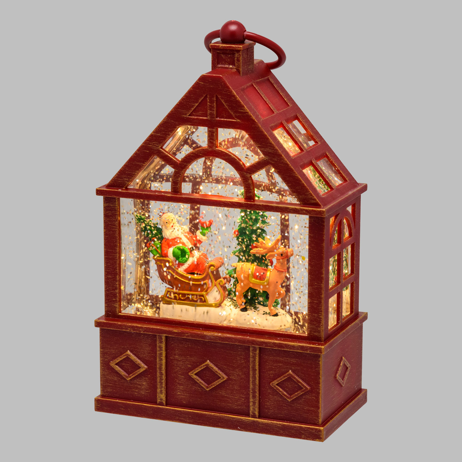 Farol invernadero con Papá Noel sobre trineo y reno, led blanco cálido Farol invernadero con Papá Noel sobre trineo y reno, led blanco cálido