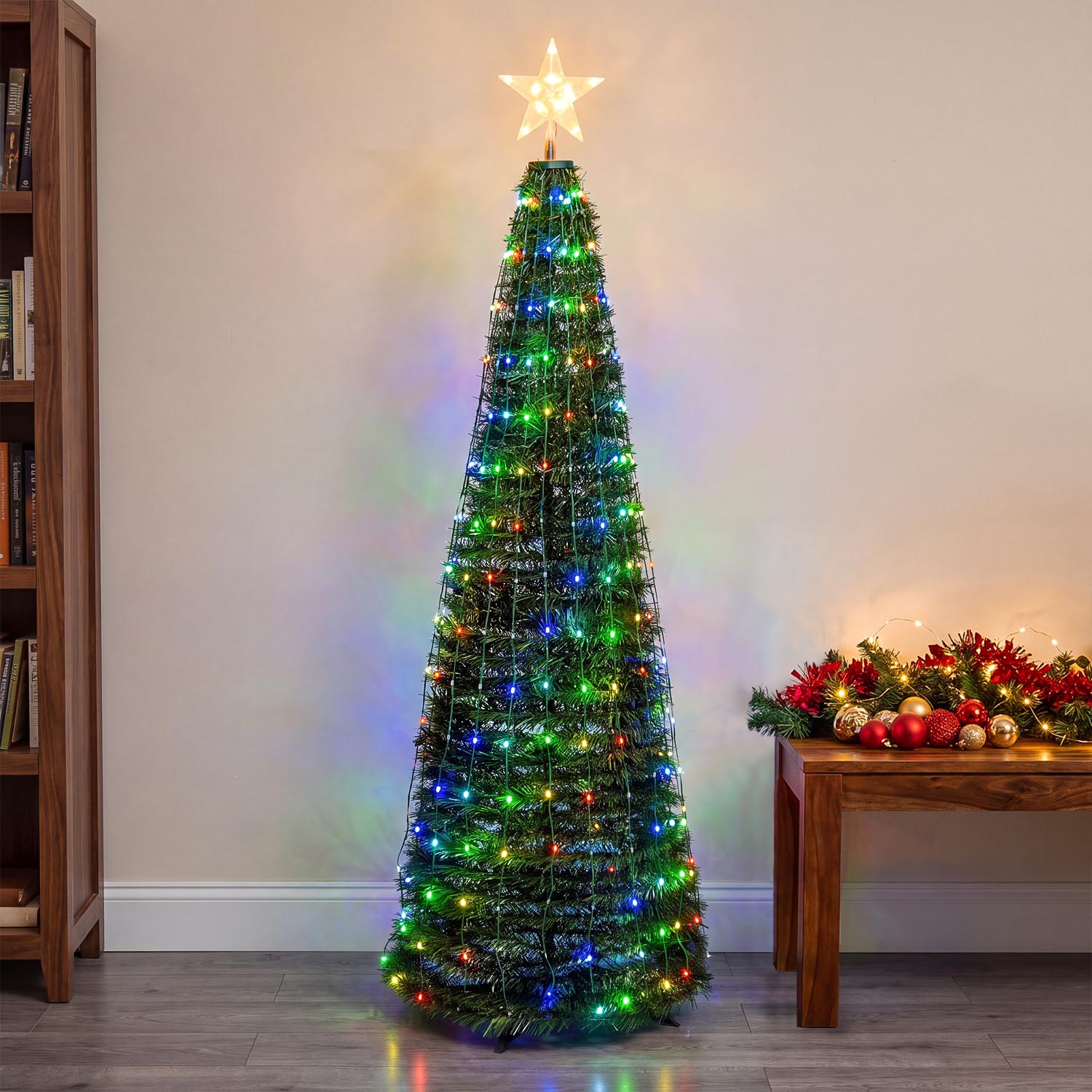 Árbol cónico plegable h 210 cm, Gotas de luz led RGB