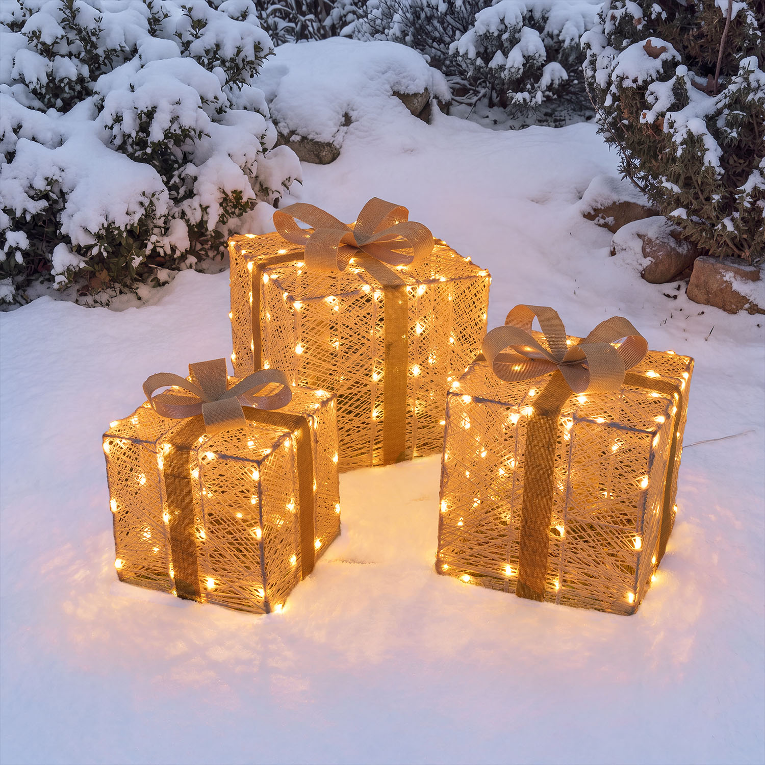 Set of 3 3D Gift Boxes, Light Cream & Brown, 240 Dual LEDs in Traditional Warm White and Cold White 11