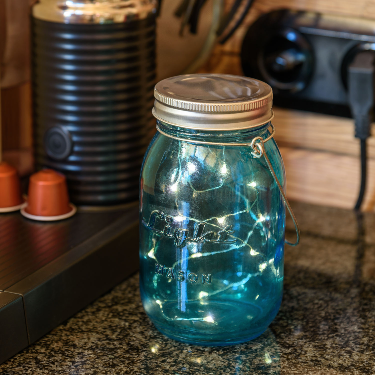Blaues Einweckglas mit Micro LEDs warmweiß 6 Blaues Einweckglas mit Micro LEDs warmweiß 6