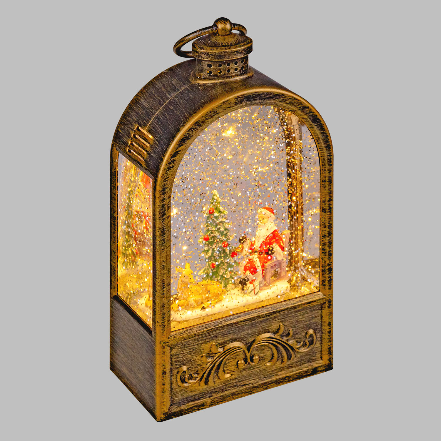 Lanterne de Noël Arc brun foncé, paillettes scintillantes, h 24 cm, musiques de Noël, LED blanc chaud Lanterne de Noël Arc brun foncé, paillettes scintillantes, h 24 cm, musiques de Noël, LED blanc chaud