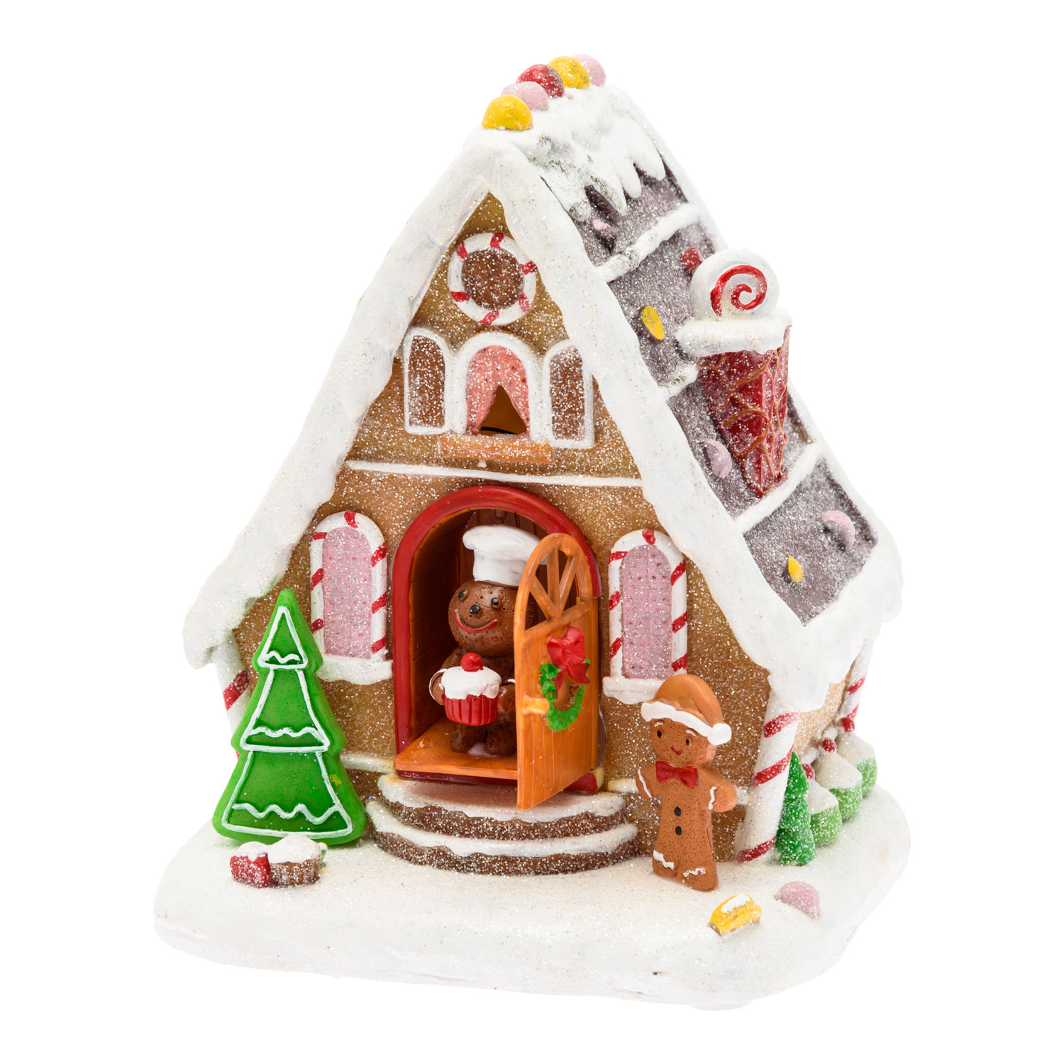 Village de Noël, Maison en pain d'épice avec porte qui s'ouvre et se ferme, h 18 cm, musiques de Noël 3 Village de Noël, Maison en pain d'épice avec porte qui s'ouvre et se ferme, h 18 cm, musiques de Noël 3