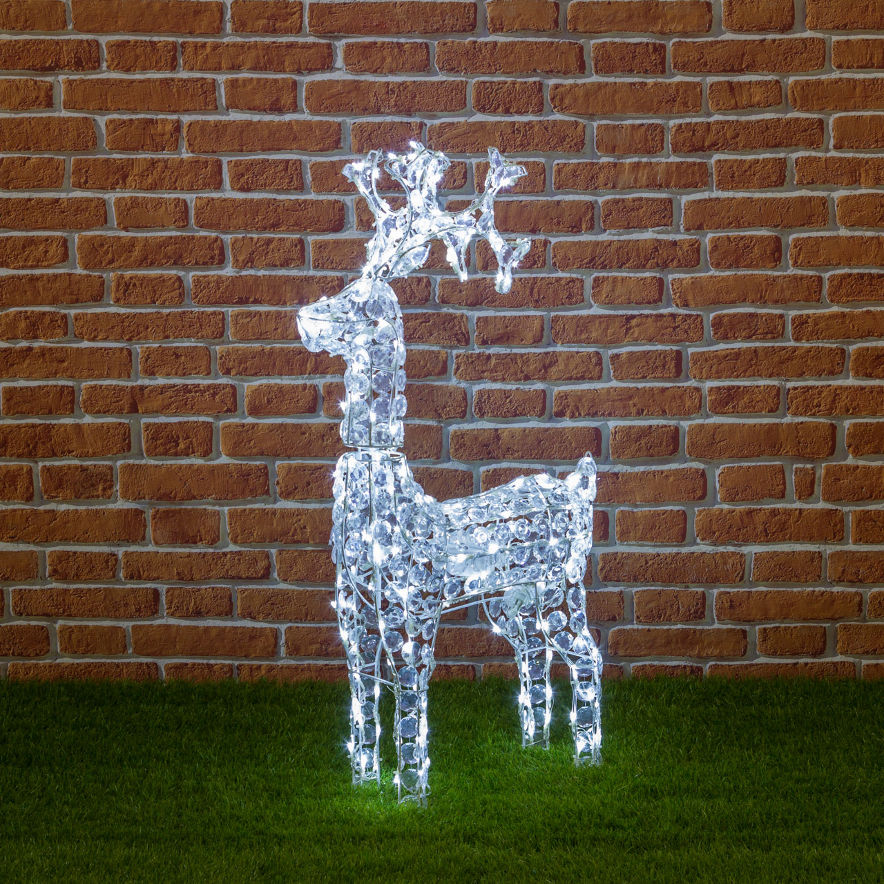 Stehendes Rentier mit Acryl Kristallen, h 90 cm, 200 LEDs kaltweiß 1 Stehendes Rentier mit Acryl Kristallen, h 90 cm, 200 LEDs kaltweiß 1