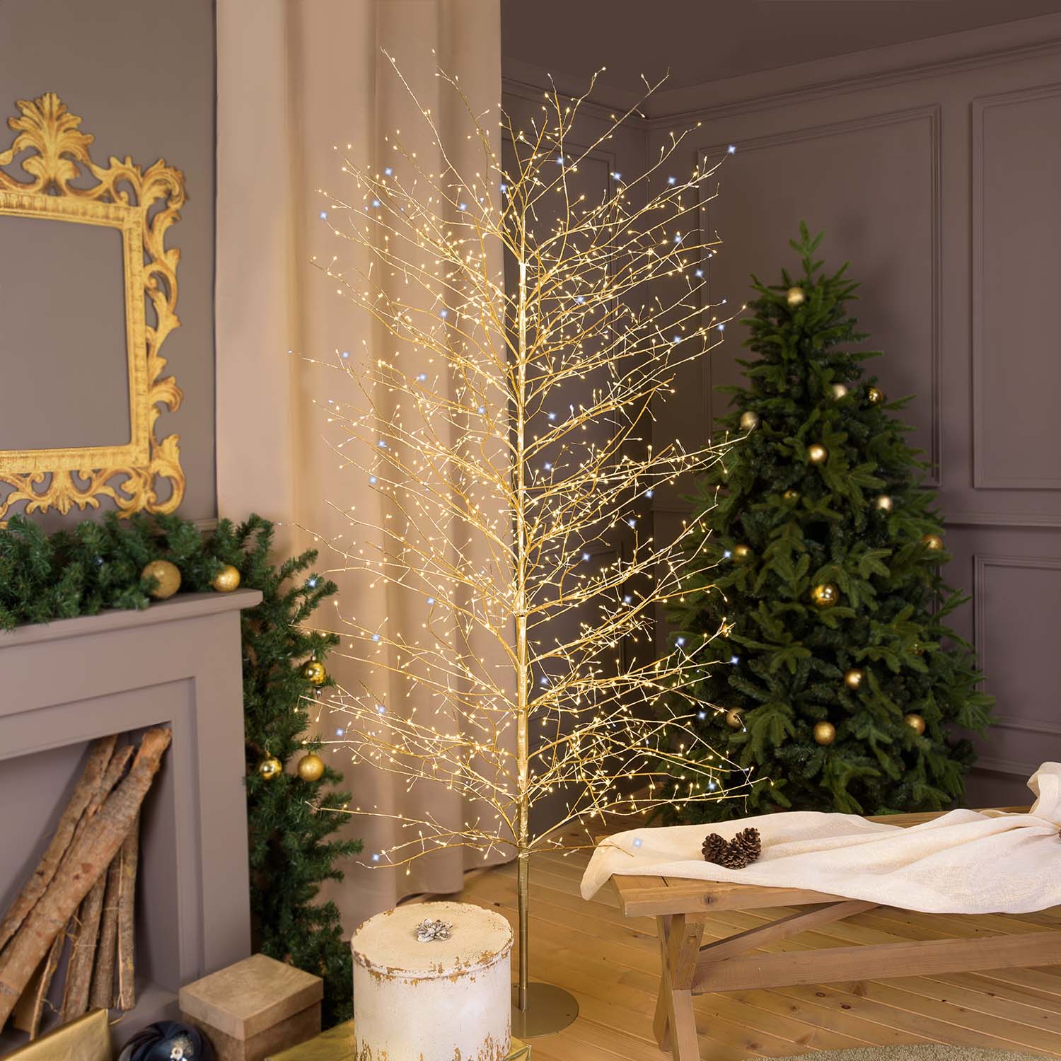 Arbre Branche de Tilleul Champagne h 2,3 m, 1560 microled blanc chaud et blanc froid, utilisation en intérieur Arbre Branche de Tilleul Champagne h 2,3 m, 1560 microled blanc chaud et blanc froid, utilisation en intérieur