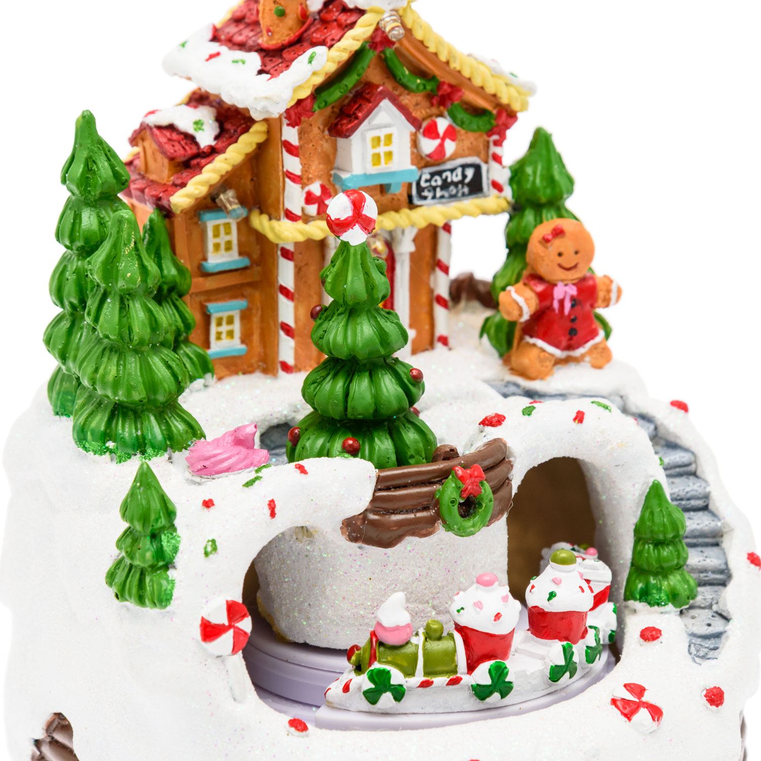 Christmas Village with Snowy Landscape Marzipan House, rotating Cake Train, h 16 cm, Christmas music 4 Christmas Village with Snowy Landscape Marzipan House, rotating Cake Train, h 16 cm, Christmas music 4