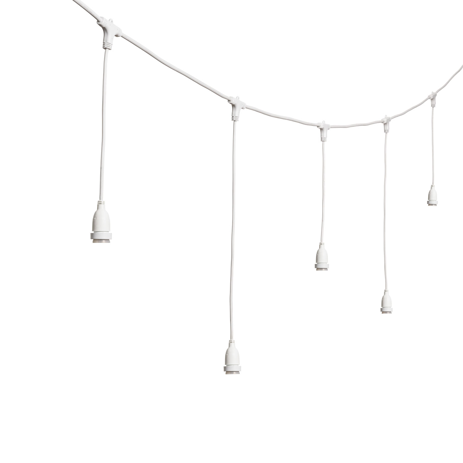 Catenaria con 8 portalampade pendenti E27, h 70 cm, 5 metri, cavo bianco, prolungabile Catenaria con 8 portalampade pendenti E27, h 70 cm, 5 metri, cavo bianco, prolungabile