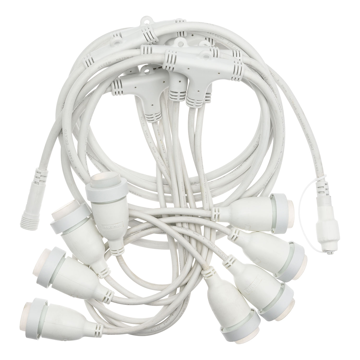 Catenaria con 8 portalampade pendenti E27, h 70 cm, 5 metri, cavo bianco, prolungabile 5 Catenaria con 8 portalampade pendenti E27, h 70 cm, 5 metri, cavo bianco, prolungabile 5