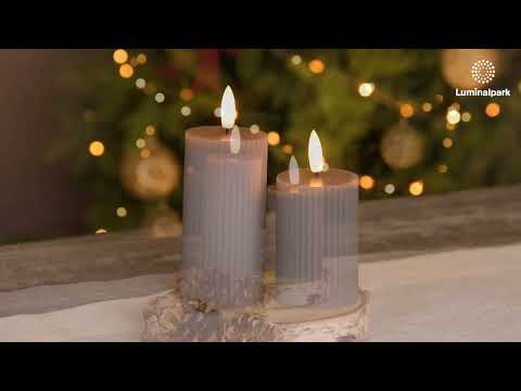 Set 2 candele grigio marrone a coste in cera, fiamma 3D con stoppino 2