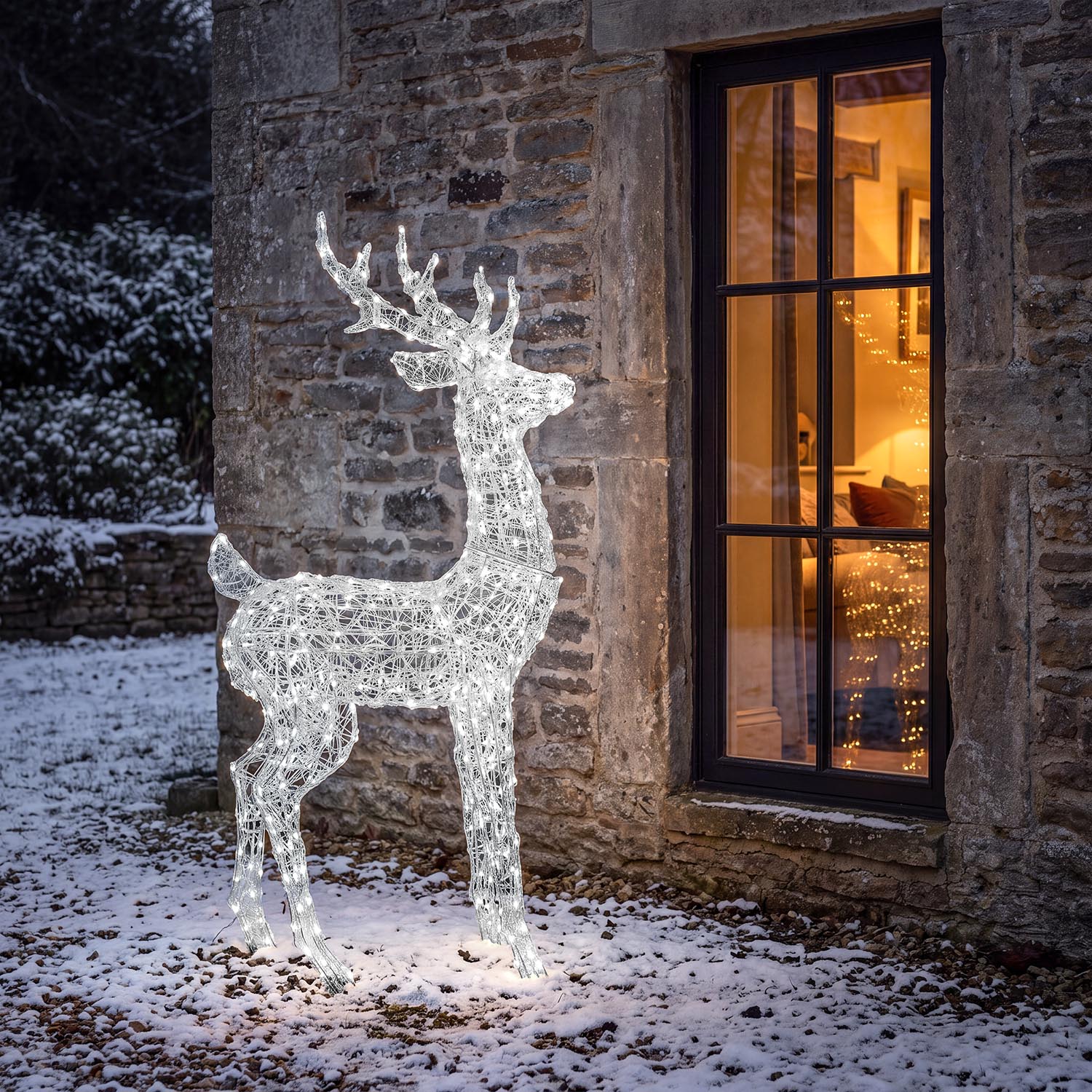 3D Rentier aus transparentem Acryl, H 160 cm, 380 Dual-LED warmweiß und kaltweiß 3
