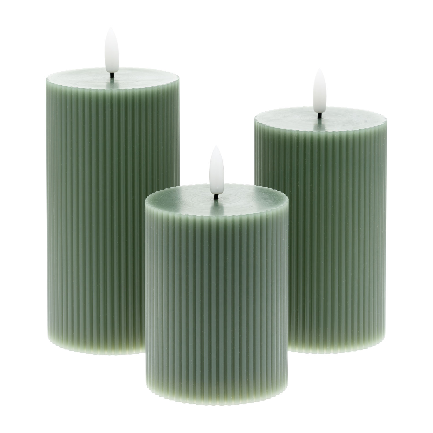 Set 3 candele verdi a coste in cera, fiamma 3D con stoppino 4 Set 3 candele verdi a coste in cera, fiamma 3D con stoppino 4