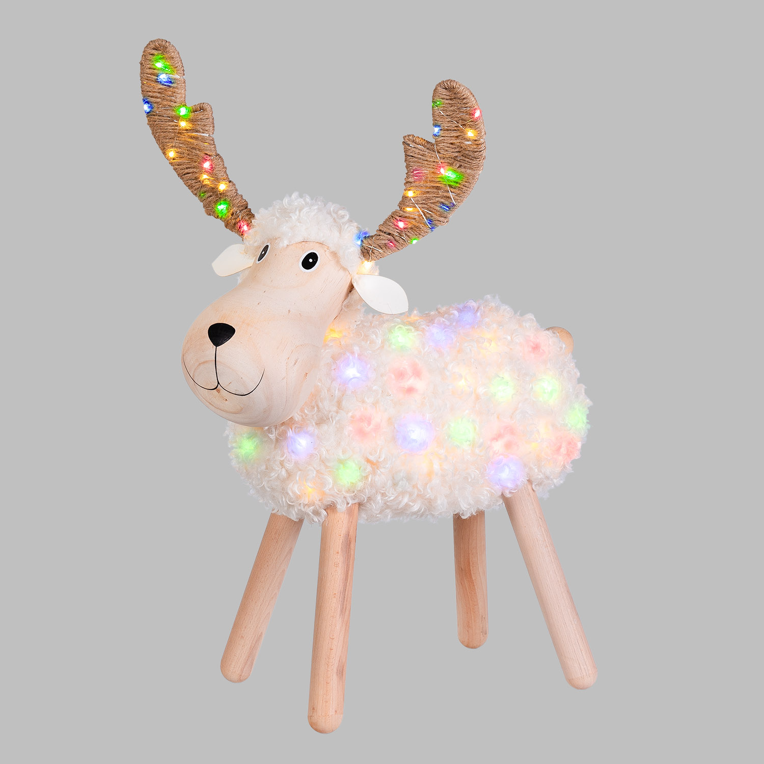 Pecorenna luminosa 3D in legno, h 65 cm, Dual Color MicroLED bianco caldo e multicolor, uso interno Pecorenna luminosa 3D in legno, h 65 cm, Dual Color MicroLED bianco caldo e multicolor, uso interno