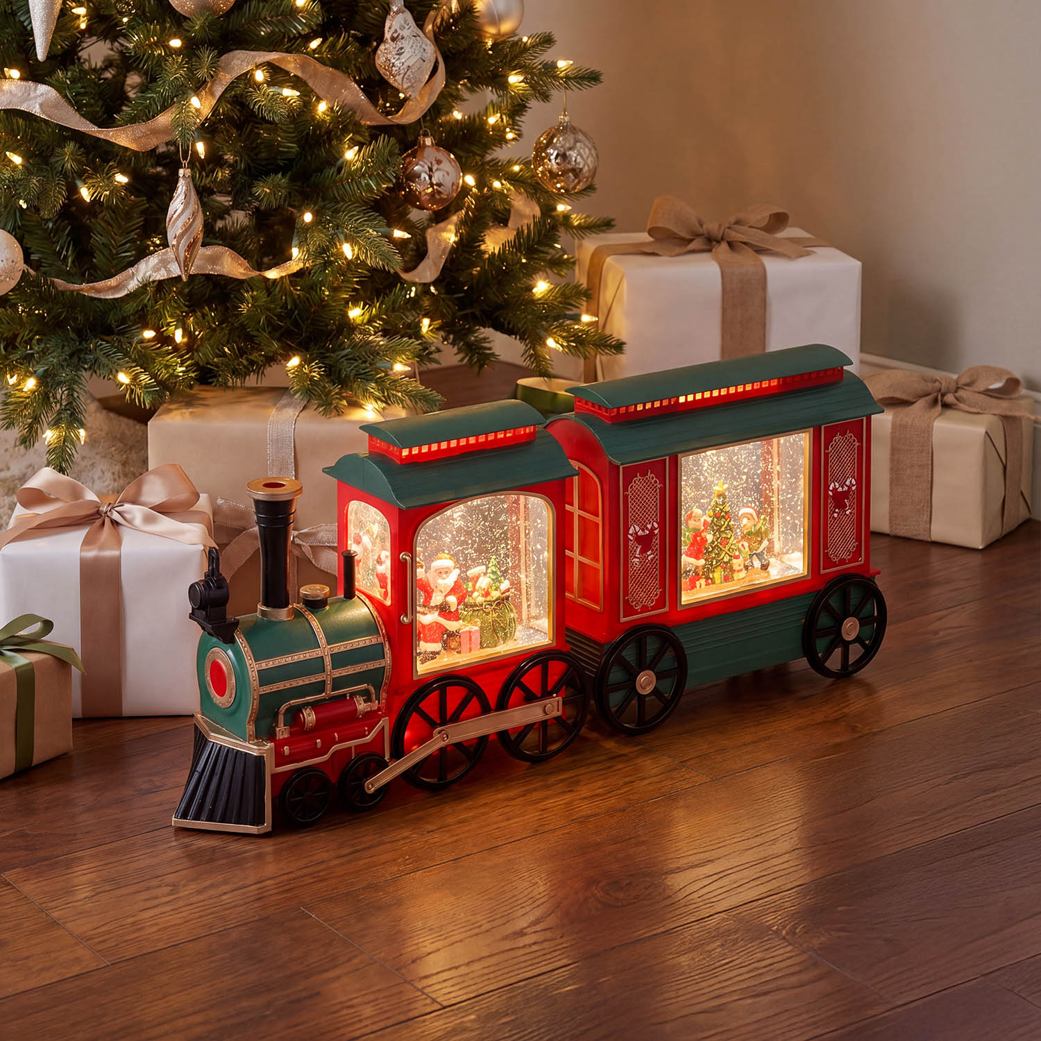  Trenino locomotiva + vagone, glitter scintillanti, h 20 cm, musiche natalizie, led bianco caldo