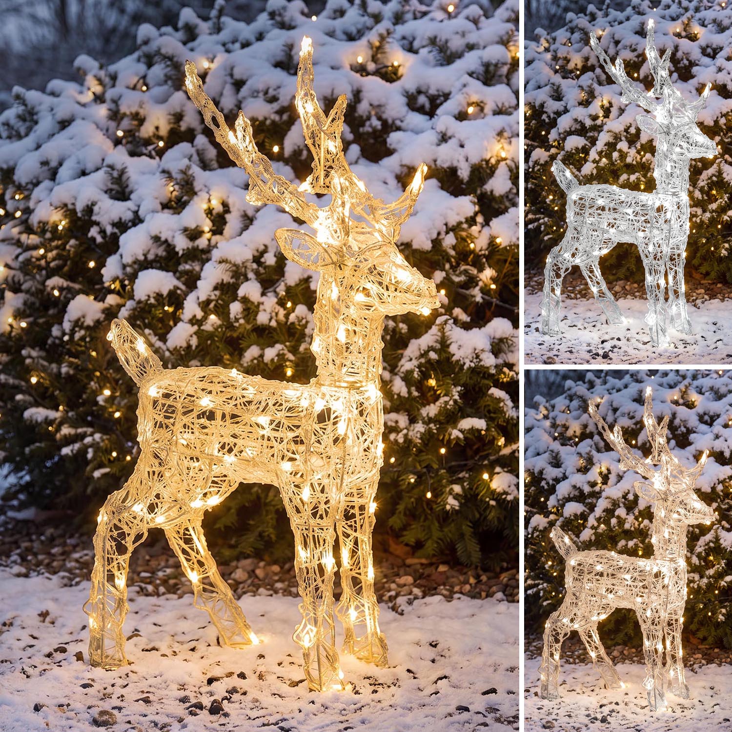 Renna Bianca 3D in acrilico trasparente, h 65 cm, 80 Dual LED bianco caldo e freddo