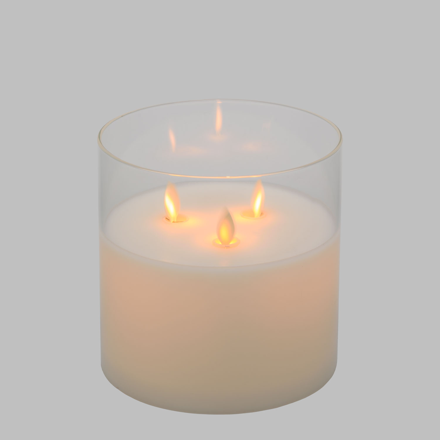 Vela de cera color blanco y cristal transparente 3 llamas, h. 15 cm 3 Vela de cera color blanco y cristal transparente 3 llamas, h. 15 cm 3