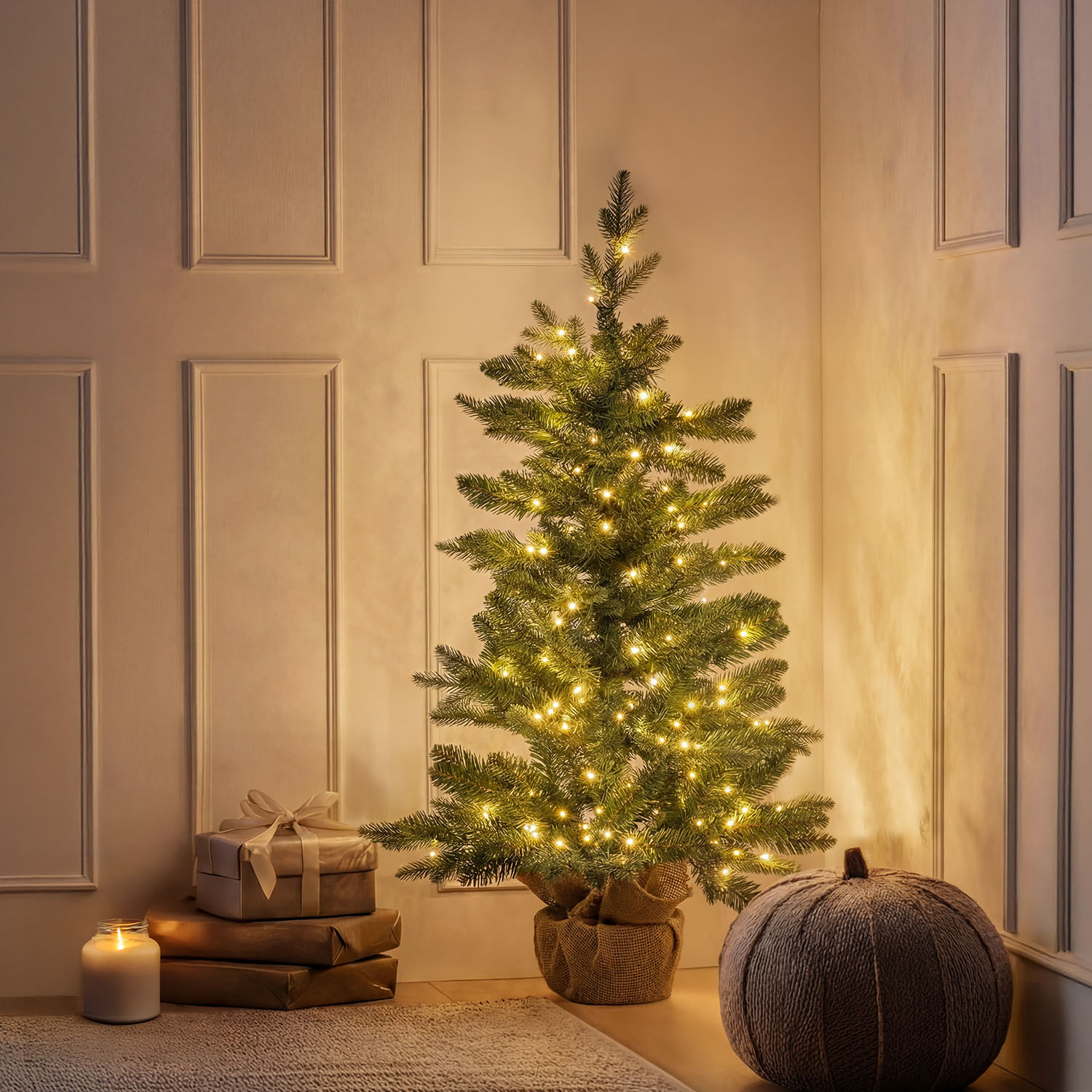 Albero Alpino con base Juta in finto pino, 90 cm, 180 miniled integrati bianco caldo