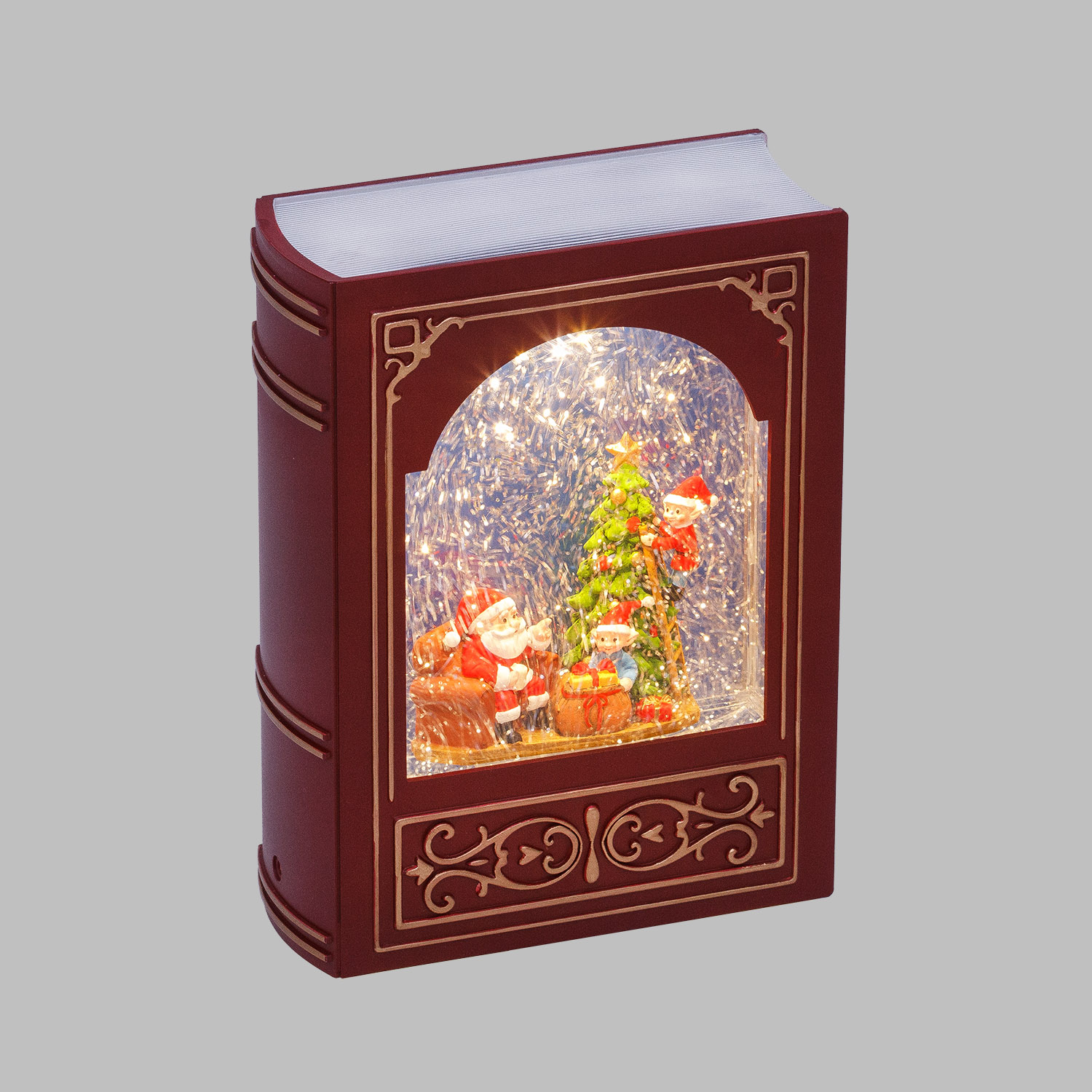 Lanterna natalizia Libro Bordeaux-Oro, glitter scintillanti, h 23 cm, musiche natalizie, led bianco caldo 7