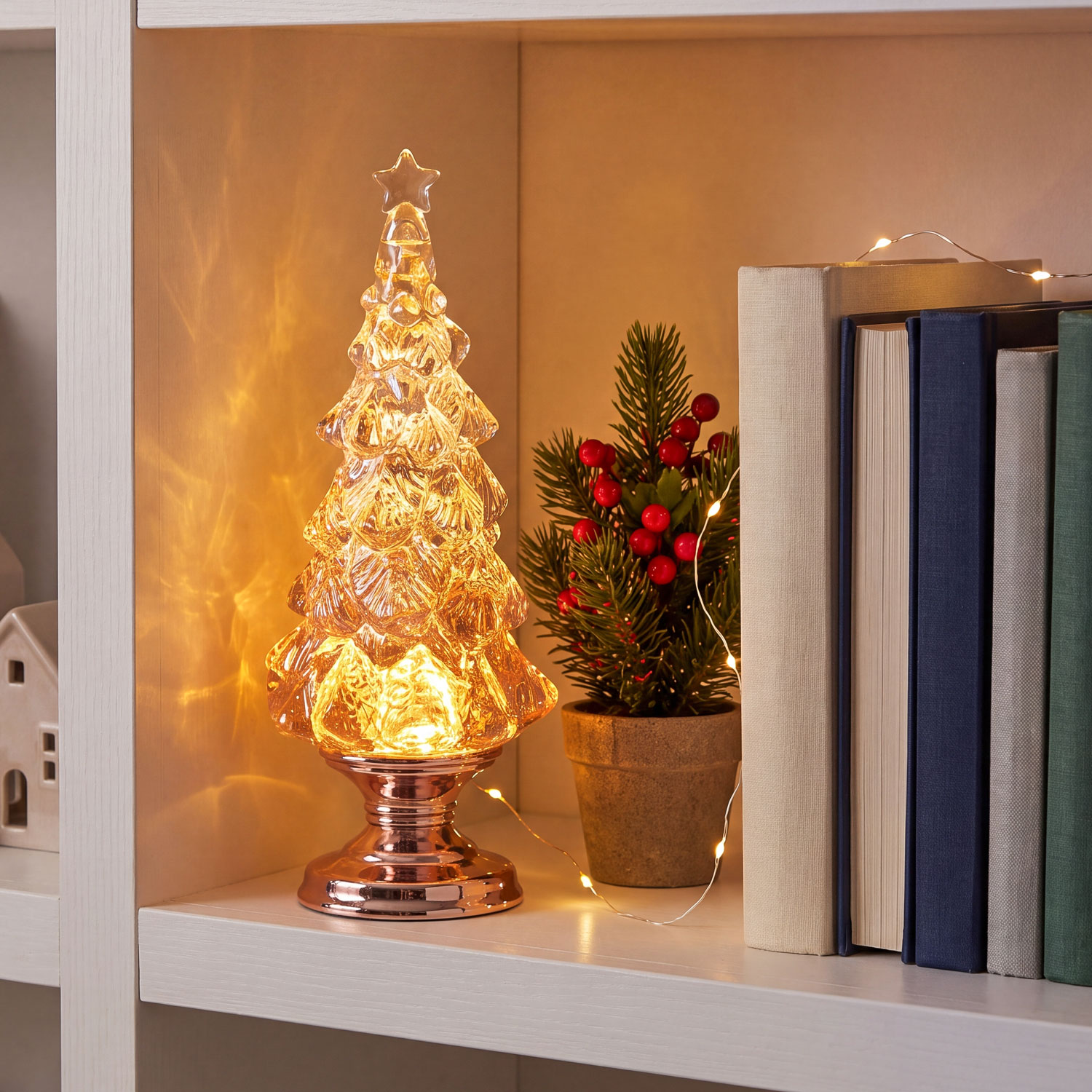 Árbol de Navidad con purpurina brillante a pilas, h 32 cm, led blanco cálido