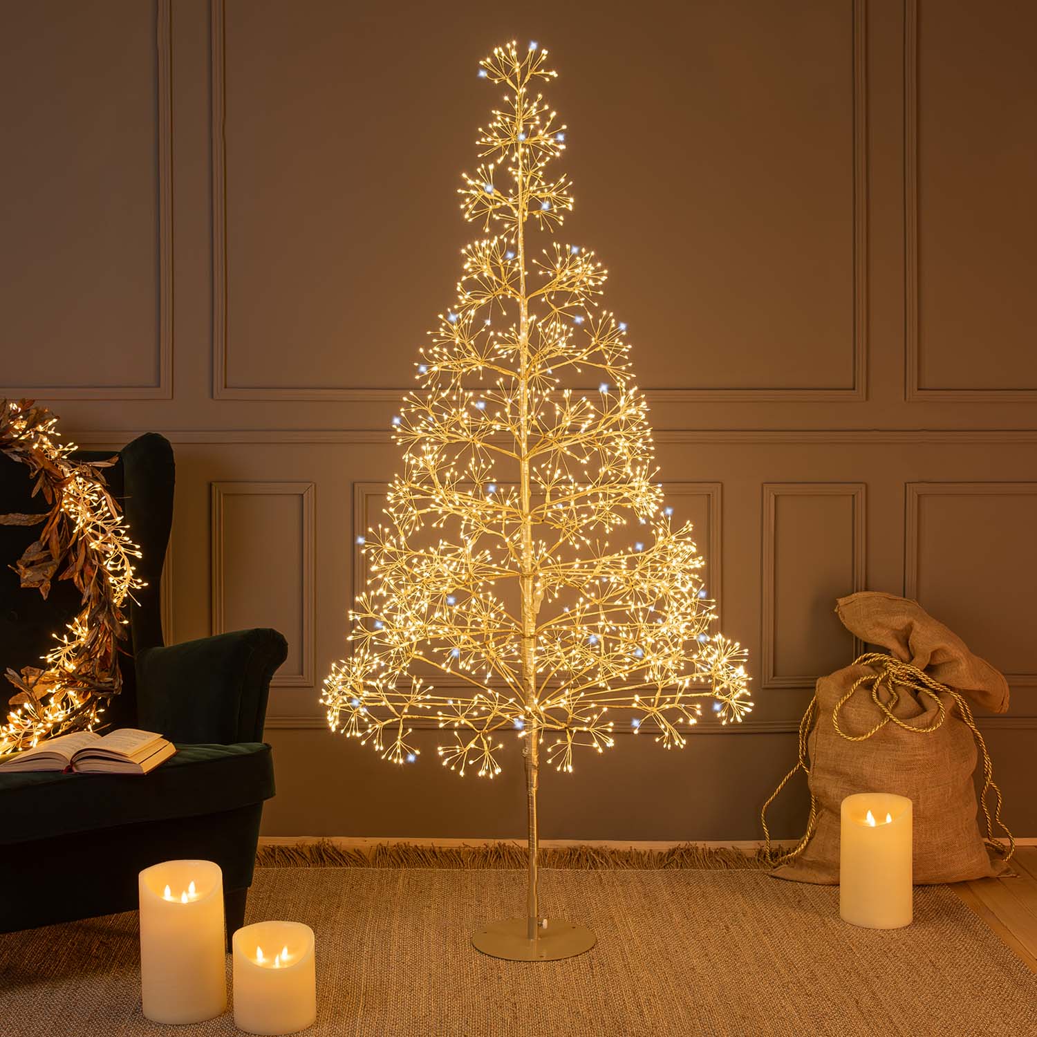 Árbol champagne RICCO h 1,8 cm, 2100 microled blanco cálido y blanco frío, uso interior Árbol champagne RICCO h 1,8 cm, 2100 microled blanco cálido y blanco frío, uso interior