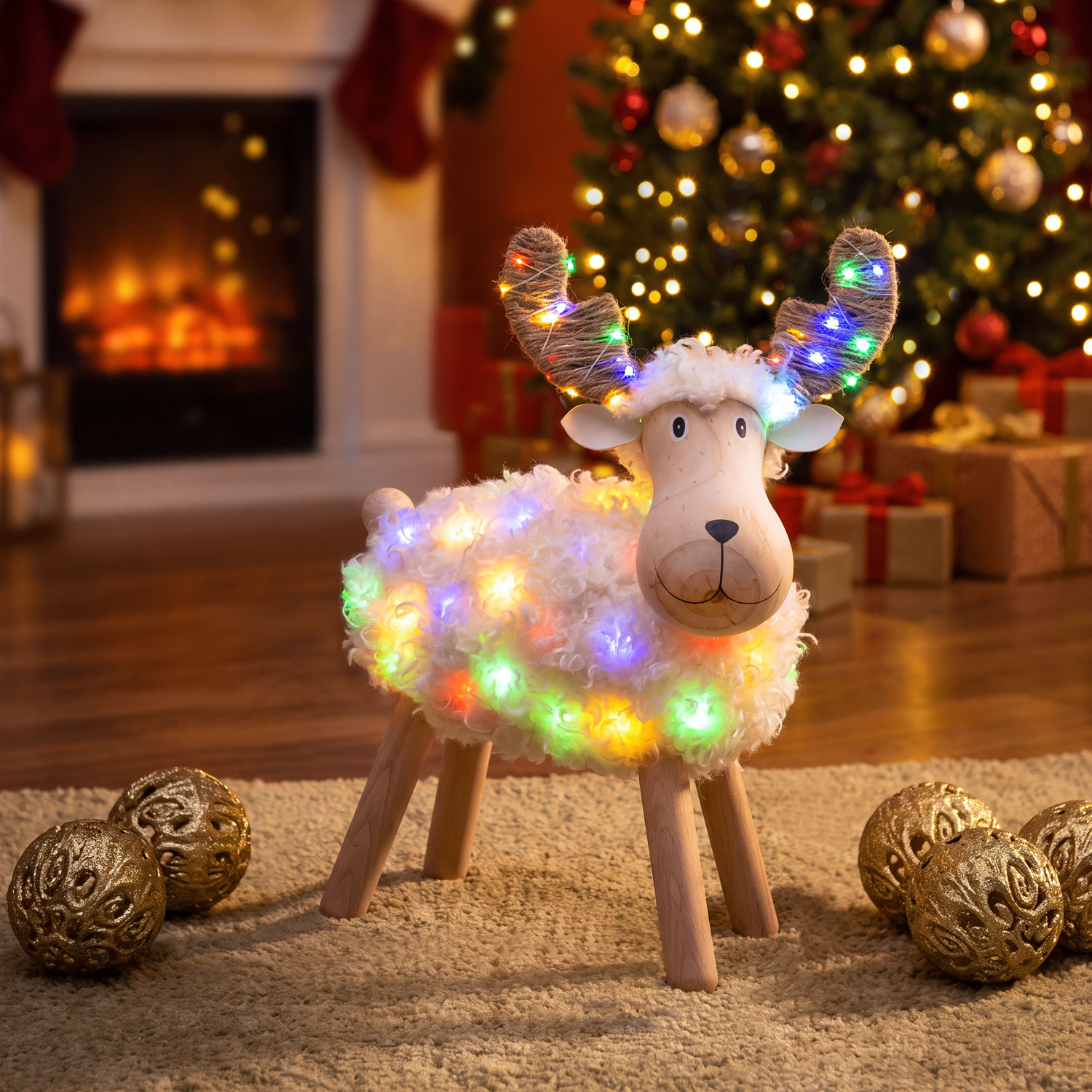 3D illuminated Sheep-Reindeer in wood, battery-operated, 45 cm high, Dual Color MicroLED (warm white and multicolor), for indoor use