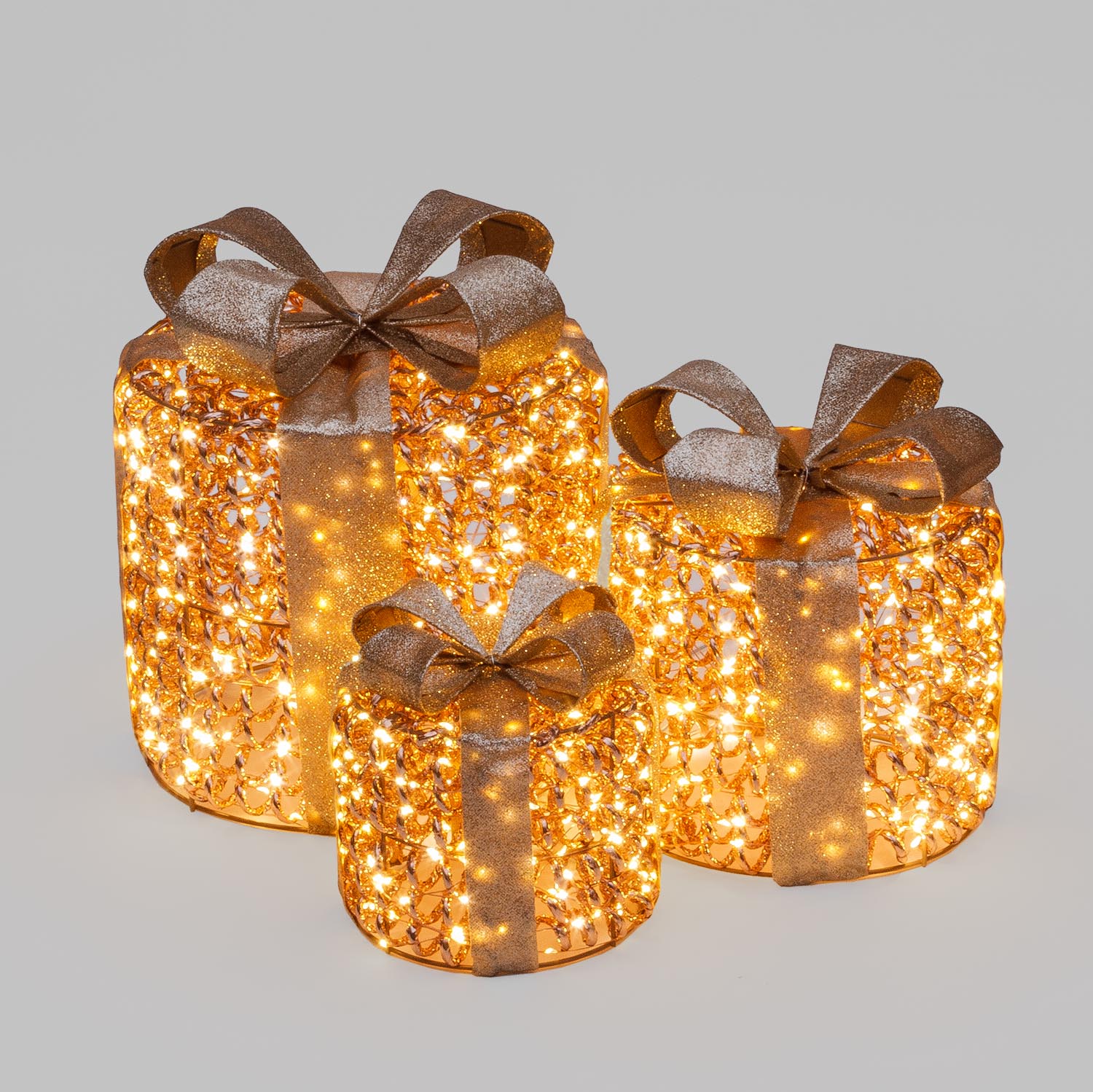 Set 3 Pacchi Regalo 3D Rose Gold, filo a spirale, forma cilindrica, led bianco caldo
