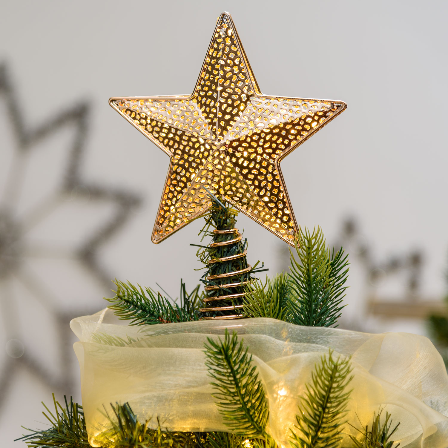 Puntale stella luminosa per albero di natale color champagne, led bianco caldo 1 Puntale stella luminosa per albero di natale color champagne, led bianco caldo 1