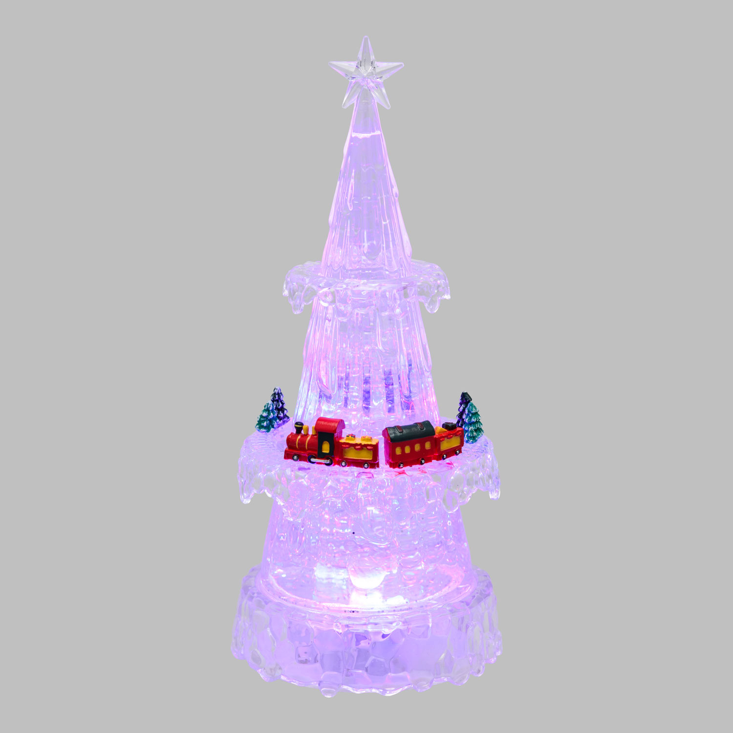 Sapin de Noël Glaçé Acrylique avec petit train, à piles, led RGB aux couleurs changeantes Sapin de Noël Glaçé Acrylique avec petit train, à piles, led RGB aux couleurs changeantes