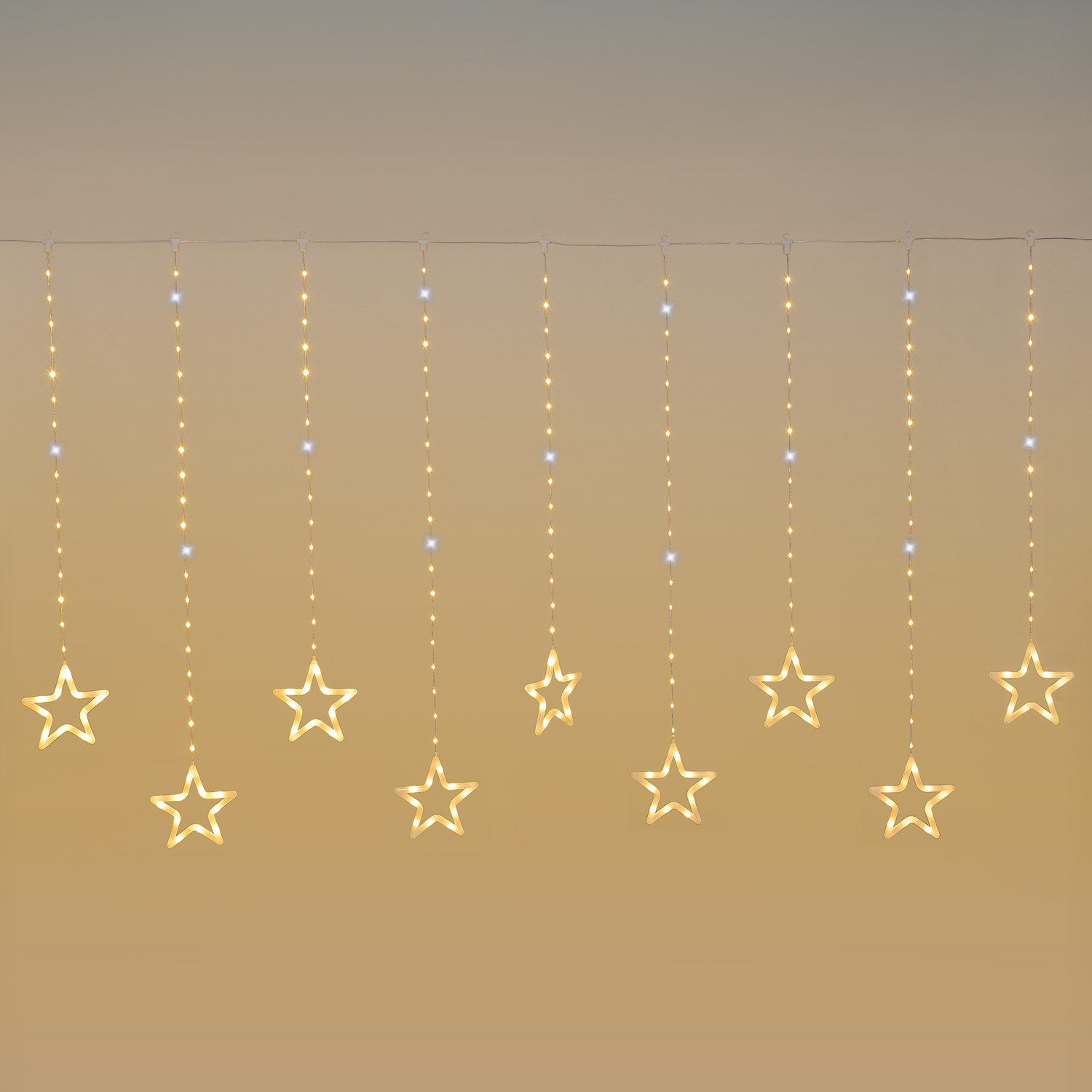 Stalattite con 14 stelle, 3,25 x h 1,15 m, 392 Gocce di Luce, led bianco caldo e bianco freddo, cavo trasparente