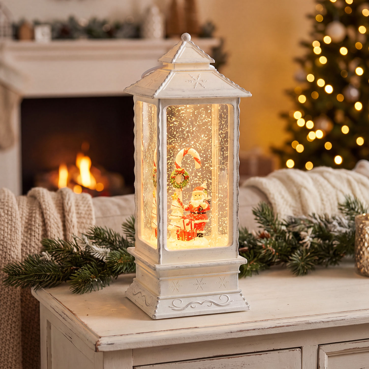 Lanterna natalizia Babbo Natale e Candy Cane, bianco antico, led bianco caldo