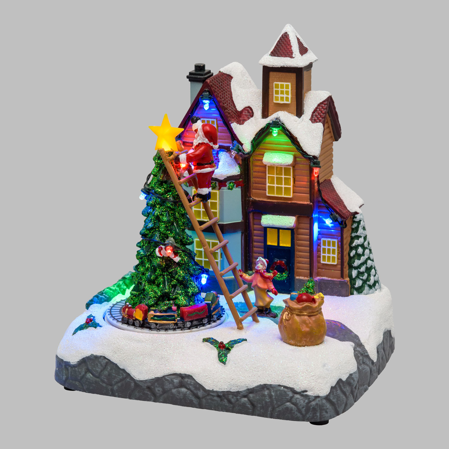Christmas Village, Christmas Tree and Santa on Ladder, Miniature Train h 21.5 cm, with Christmas Music 4 Christmas Village, Christmas Tree and Santa on Ladder, Miniature Train h 21.5 cm, with Christmas Music 4