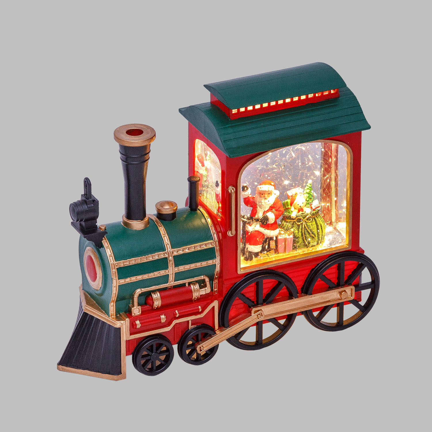 Locomotiva Verde-Rosso-Oro, glitter scintillanti, h 20 cm, musiche natalizie, led bianco caldo 5