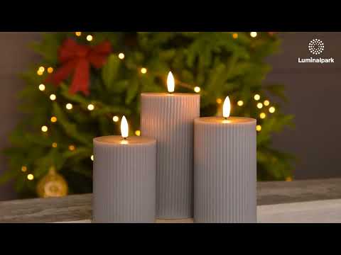 Set 3 candele grigio marrone a coste in cera, fiamma 3D con stoppino 2