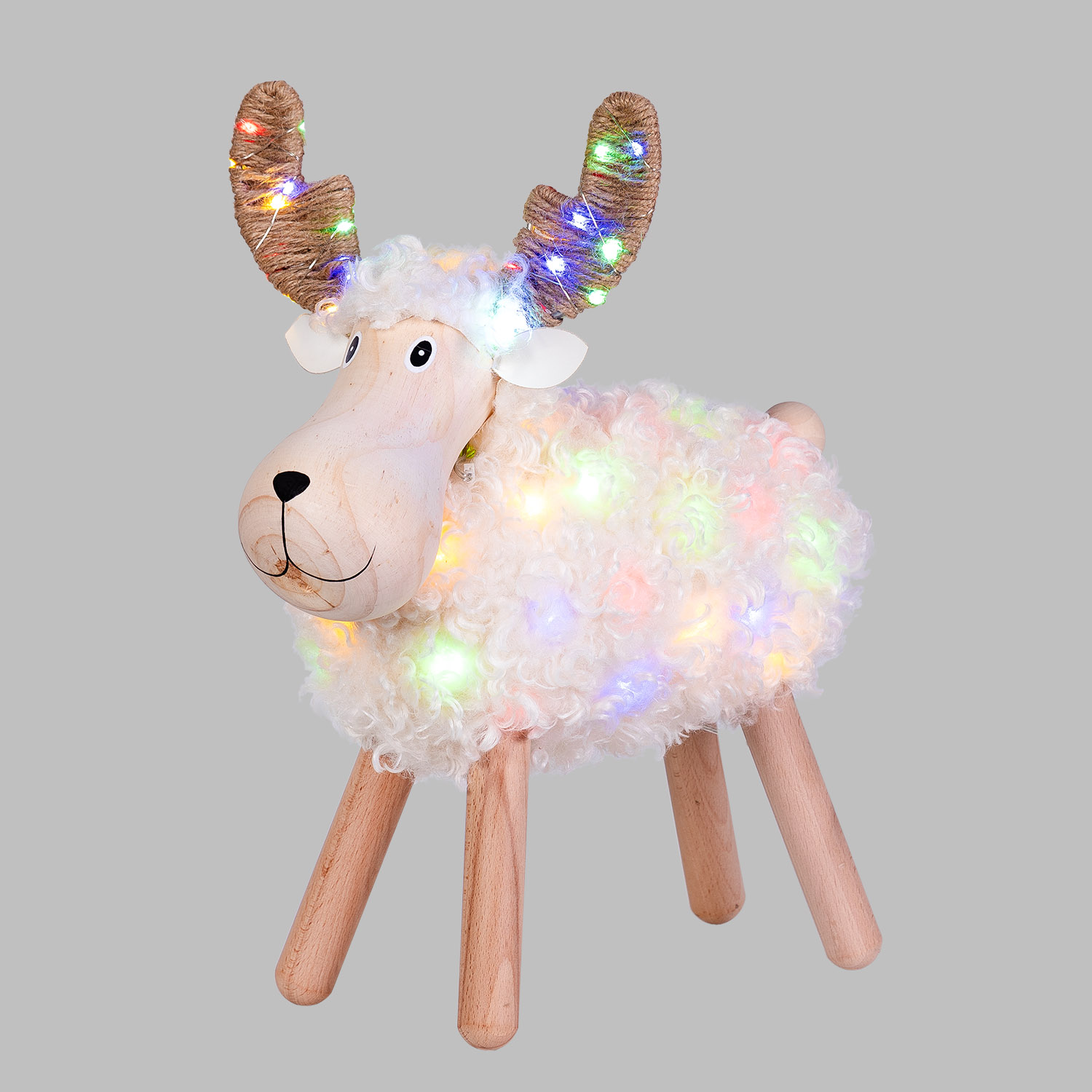 Pecorenna luminosa 3D in legno, h 45 cm, Dual Color MicroLED bianco caldo e multicolor, uso interno Pecorenna luminosa 3D in legno, h 45 cm, Dual Color MicroLED bianco caldo e multicolor, uso interno
