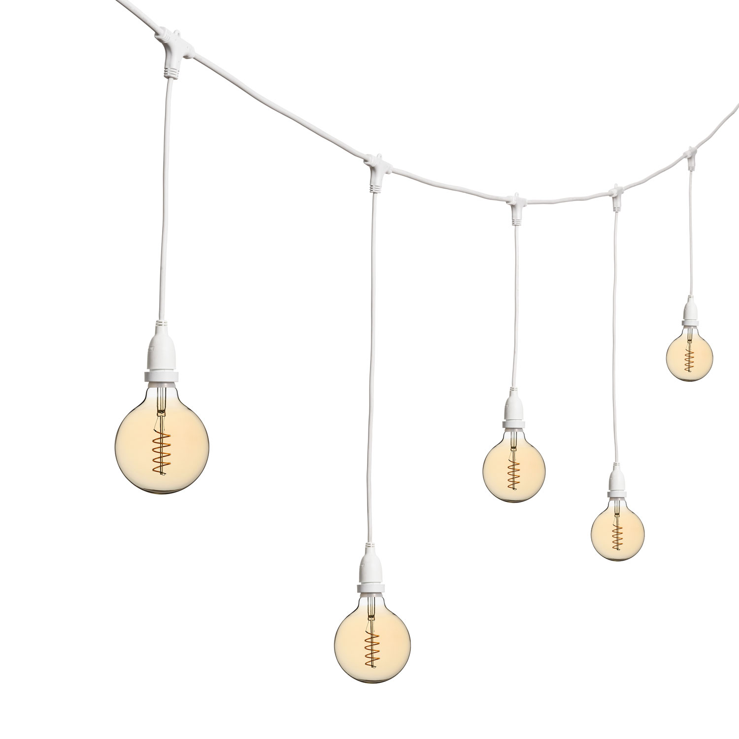 Catena 5 m, 8 lampadine pendenti globo Ø 125 mm, h 70 cm, led a spirale, prolungabile Catena 5 m, 8 lampadine pendenti globo Ø 125 mm, h 70 cm, led a spirale, prolungabile