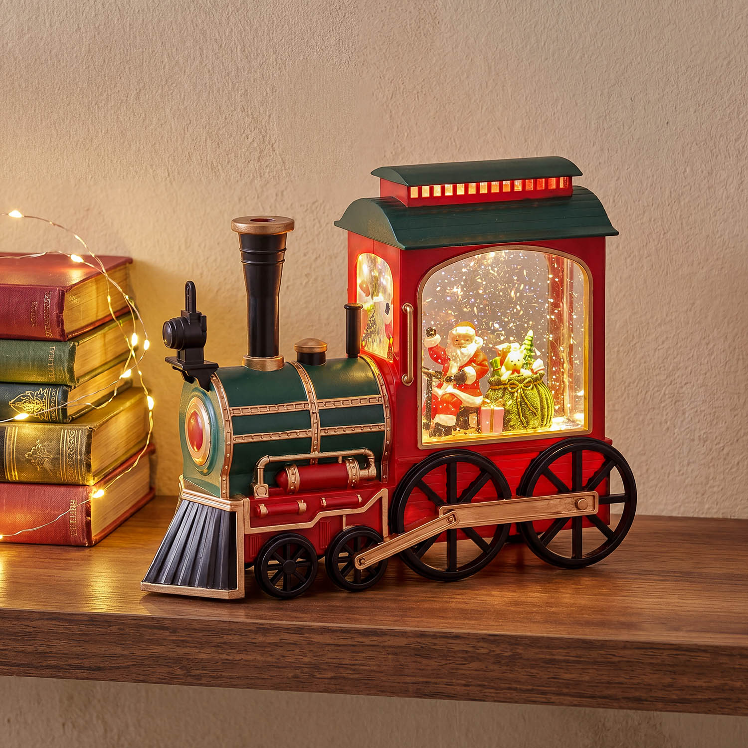 Locomotiva Verde-Rosso-Oro, glitter scintillanti, h 20 cm, musiche natalizie, led bianco caldo