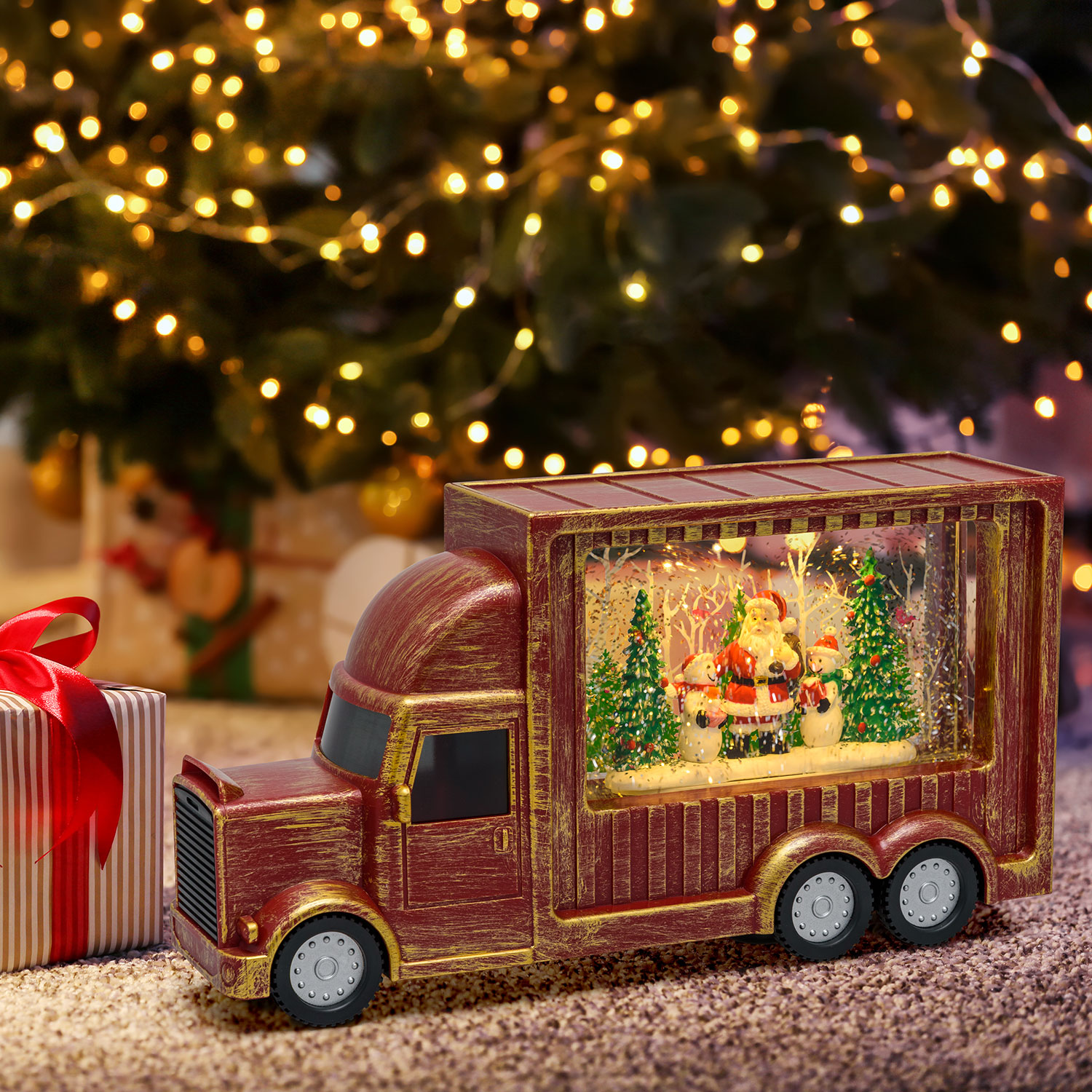 Lanterne de Noël rouge antique à piles Camion Cola avec neige paillettes 12 Lanterne de Noël rouge antique à piles Camion Cola avec neige paillettes 12