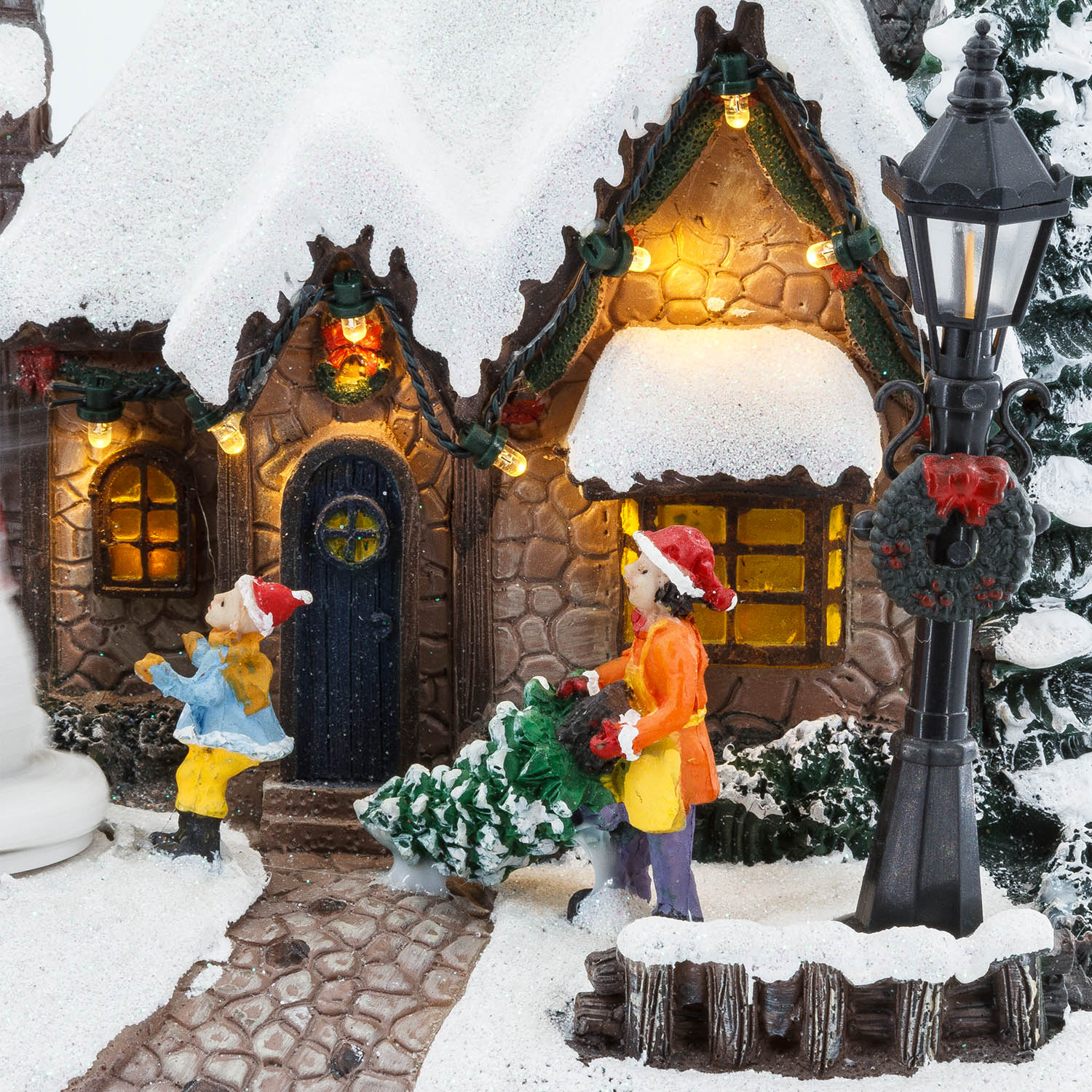 Villaggio di Natale, Casa innevata nel Bosco con Pupazzo di Neve rotante, h 20 cm, musiche natalizie 8