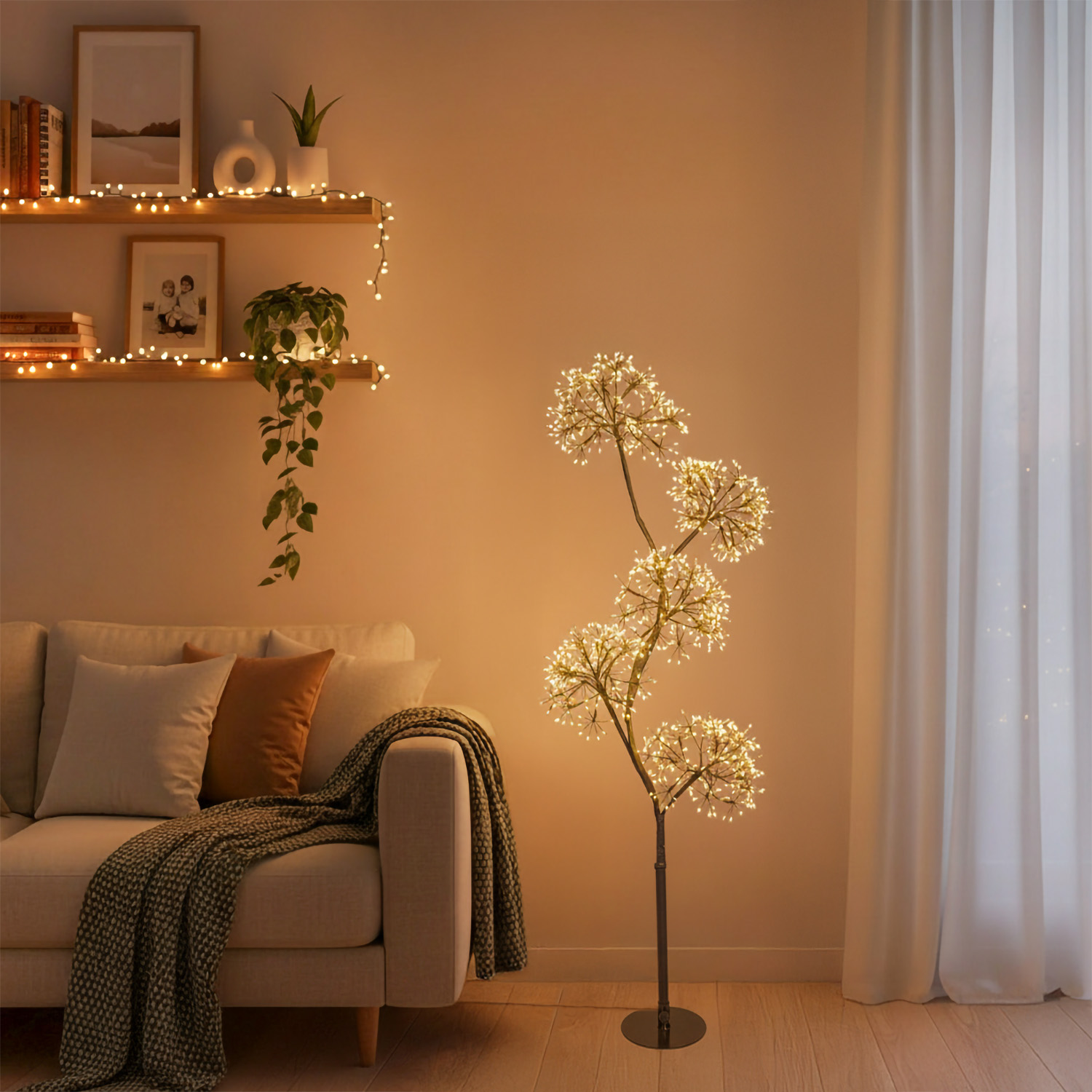 Black Tree, Branch with 5 RICCO spheres, h 1,2 m, 1200 warm white microLEDs, indoor