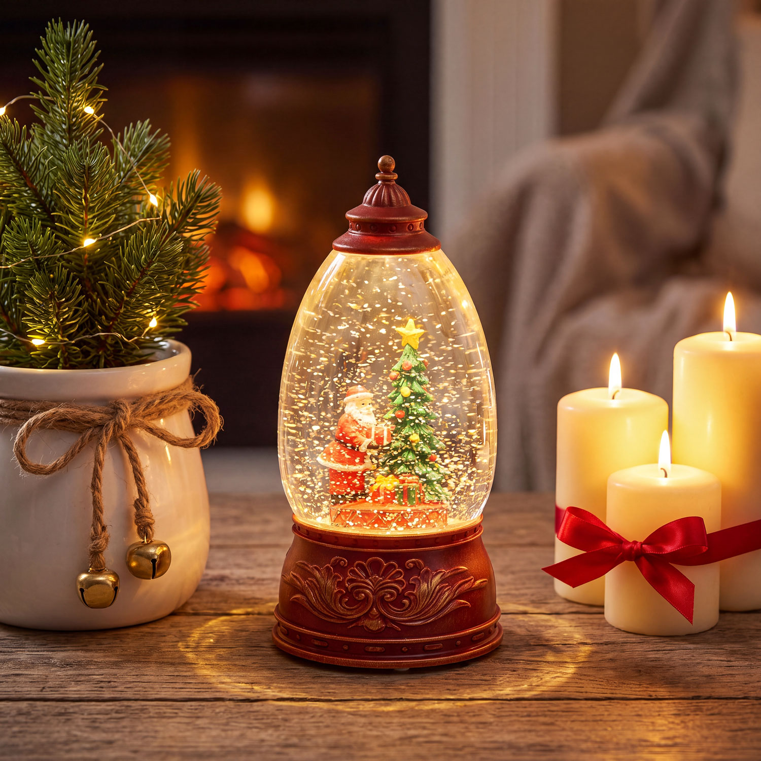 Lanterna Panorama con Albero e Babbo Natale, led bianco caldo 1