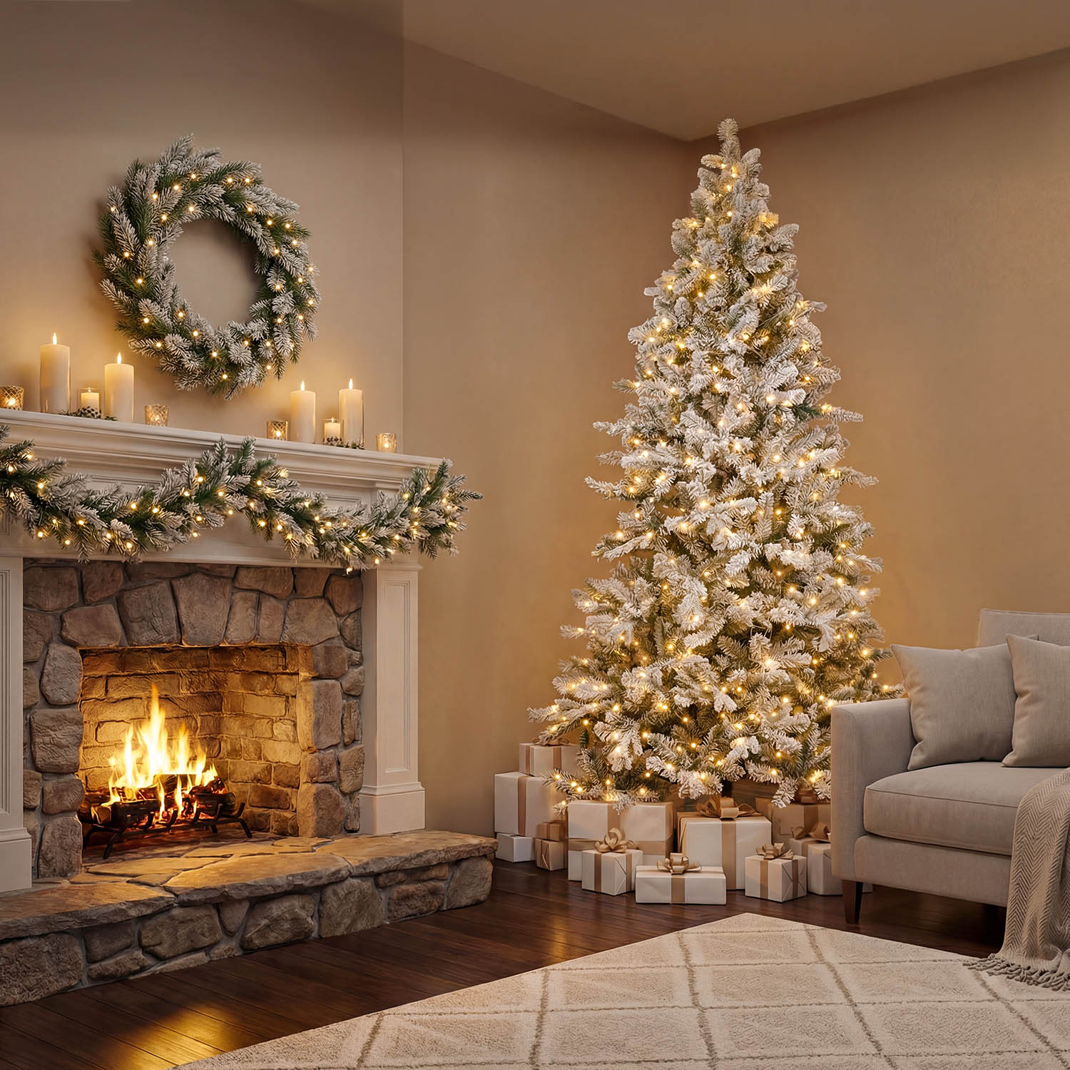 Flocked artificial pine Tree 240 cm, 710 warm white integrated LEDs