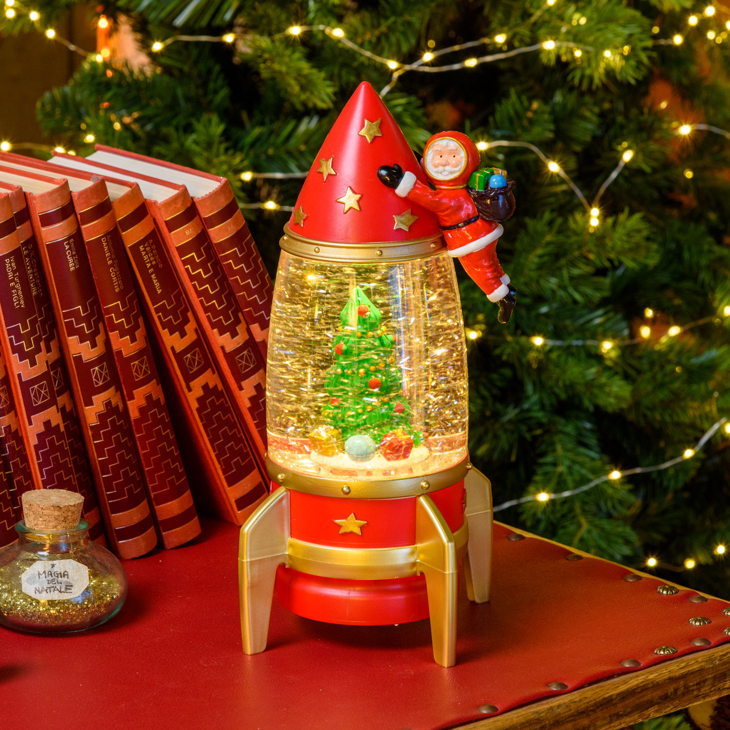 h 27,5 cm, red and gold coloured, Space rocket lantern with astronaut Santa Claus, warm white led h 27,5 cm, red and gold coloured, Space rocket lantern with astronaut Santa Claus, warm white led