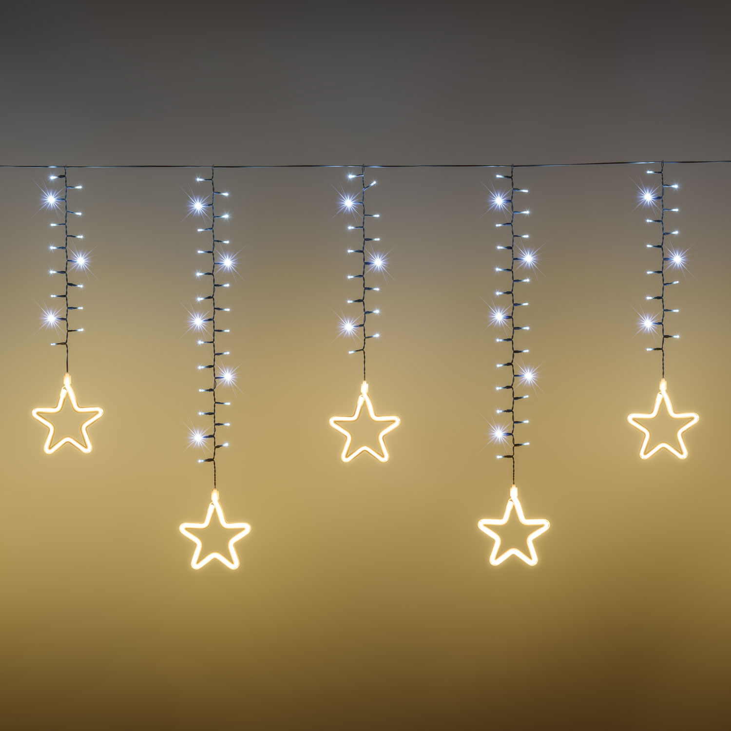 Eisregen Cluster Lichterkette mit Neon-Sternen warmweiß und 240 MiniLEDs kaltweiß, 3,6 x h 0,7 m Eisregen Cluster Lichterkette mit Neon-Sternen warmweiß und 240 MiniLEDs kaltweiß, 3,6 x h 0,7 m