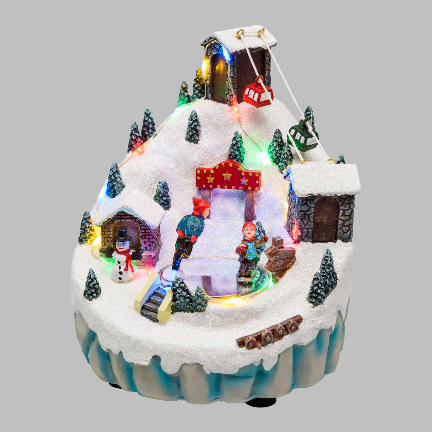 Village de Noël en Polyrésine, Paysage Montagneux avec Téléphérique et Patineurs en mouvement, h 16,5 cm 4 Village de Noël en Polyrésine, Paysage Montagneux avec Téléphérique et Patineurs en mouvement, h 16,5 cm 4