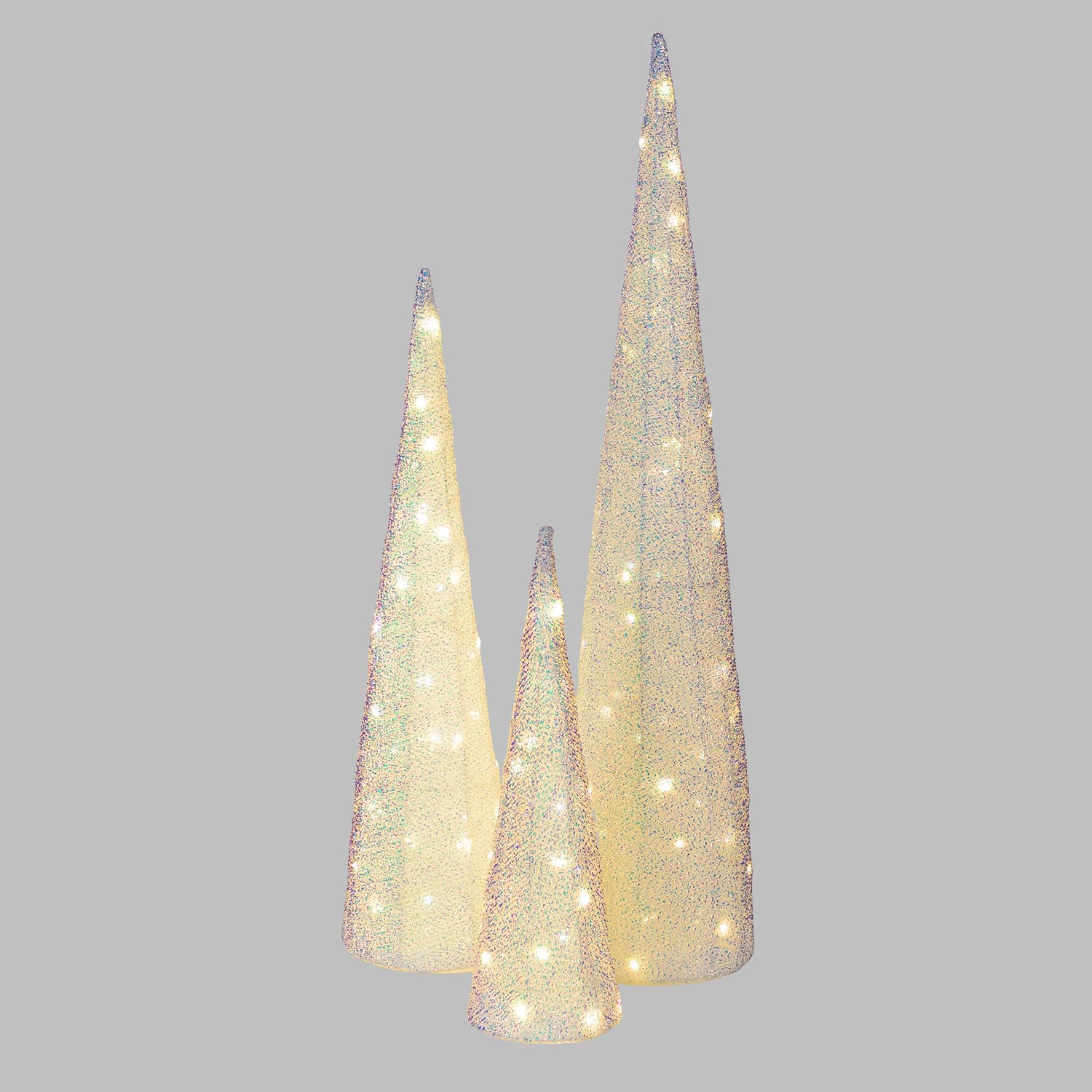 Set de 3 Cônes lumineux 3D en Tissu Blanc Irisé, LED blanc chaud, usage intérieur Set de 3 Cônes lumineux 3D en Tissu Blanc Irisé, LED blanc chaud, usage intérieur