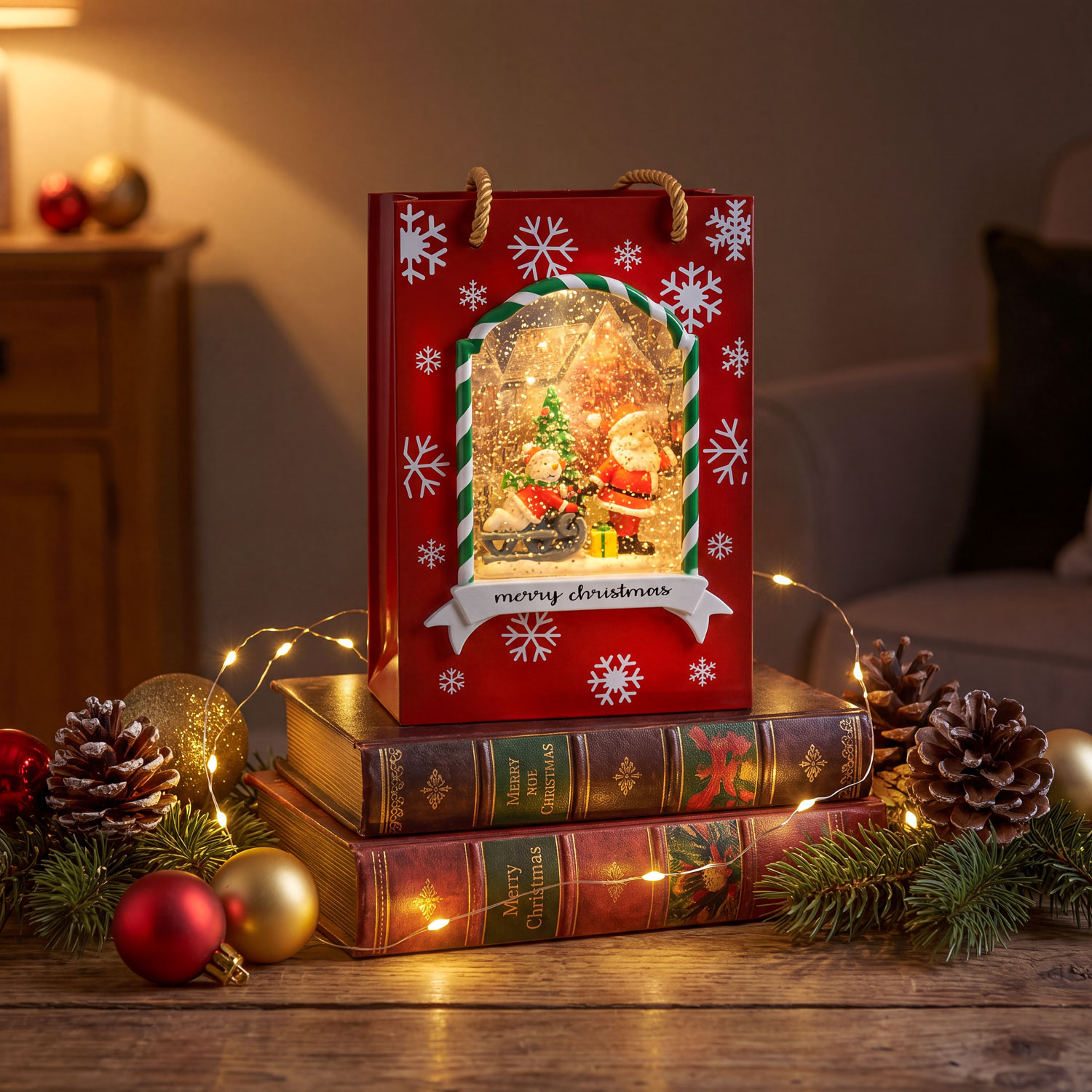 Weihnachtstasche Rot-Lanterne, Weihnachtsbaum, Weihnachtsmann und Schlitten, H 22 cm, Glitzer, warmweiße LED