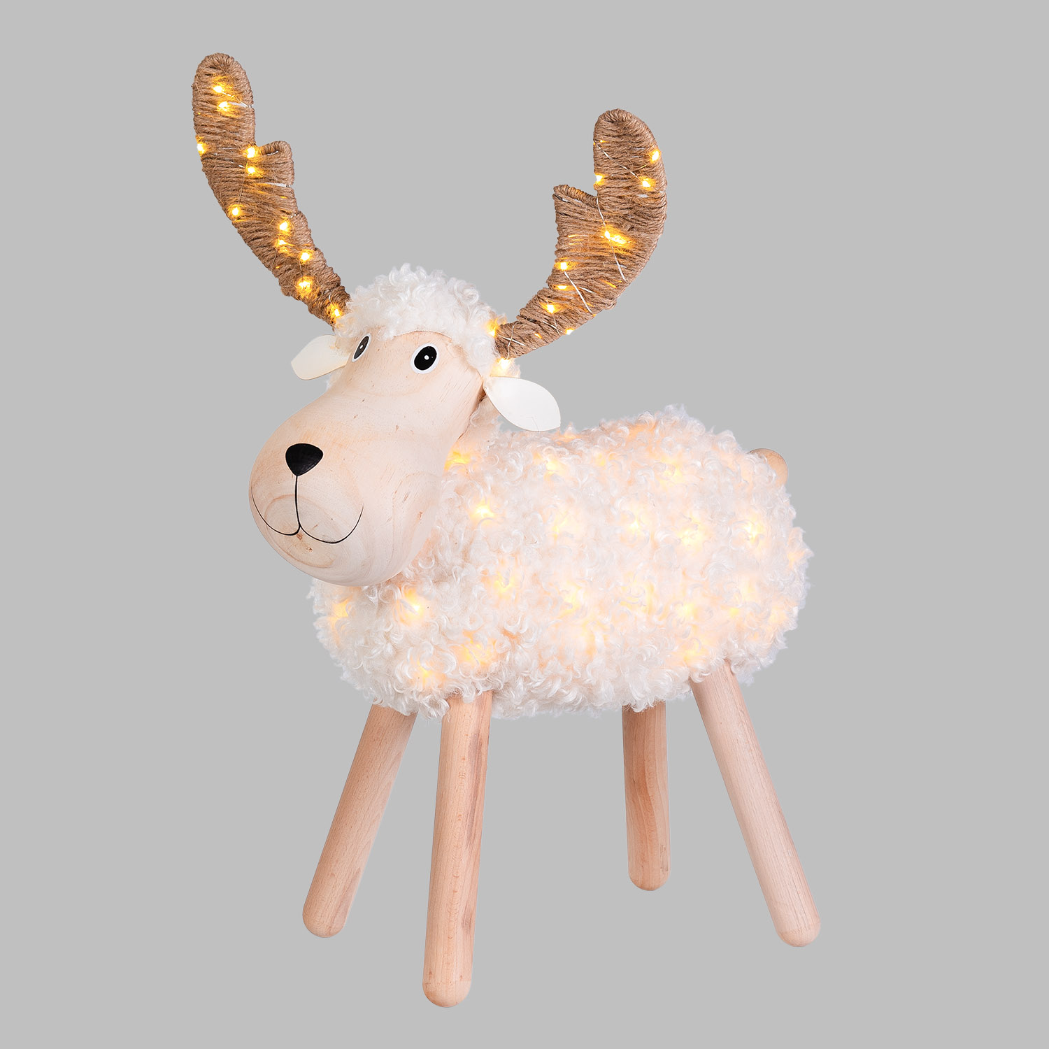 3D leuchtendes Schaf-Rentier aus Holz, H 65 cm, Dual-Color Micro-LED in Warmweiß und Multicolor, für Innenbereich