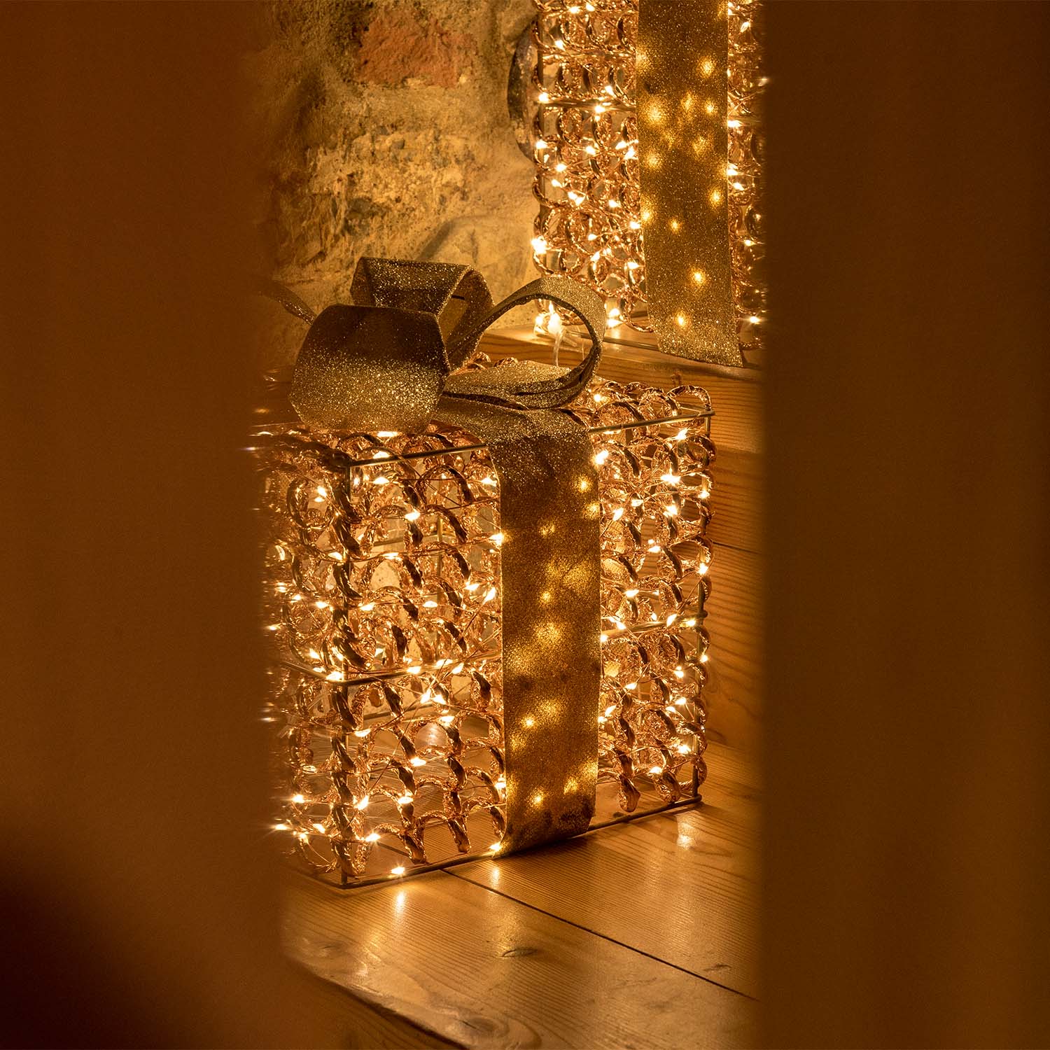 Set 3 Pacchi Regalo luminosi 3D Rose Gold, filo a spirale, led bianco caldo 8