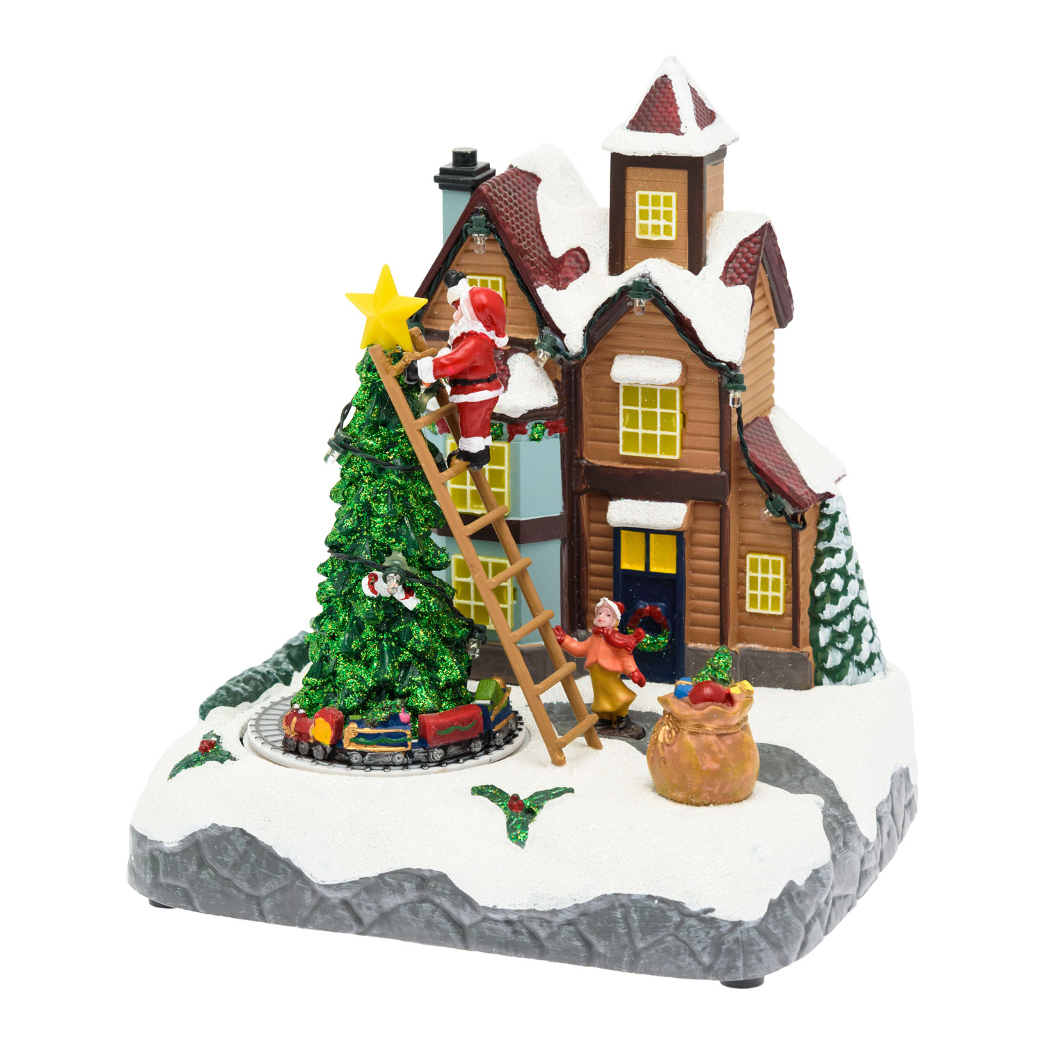 Christmas Village, Christmas Tree and Santa on Ladder, Miniature Train h 21.5 cm, with Christmas Music 5 Christmas Village, Christmas Tree and Santa on Ladder, Miniature Train h 21.5 cm, with Christmas Music 5