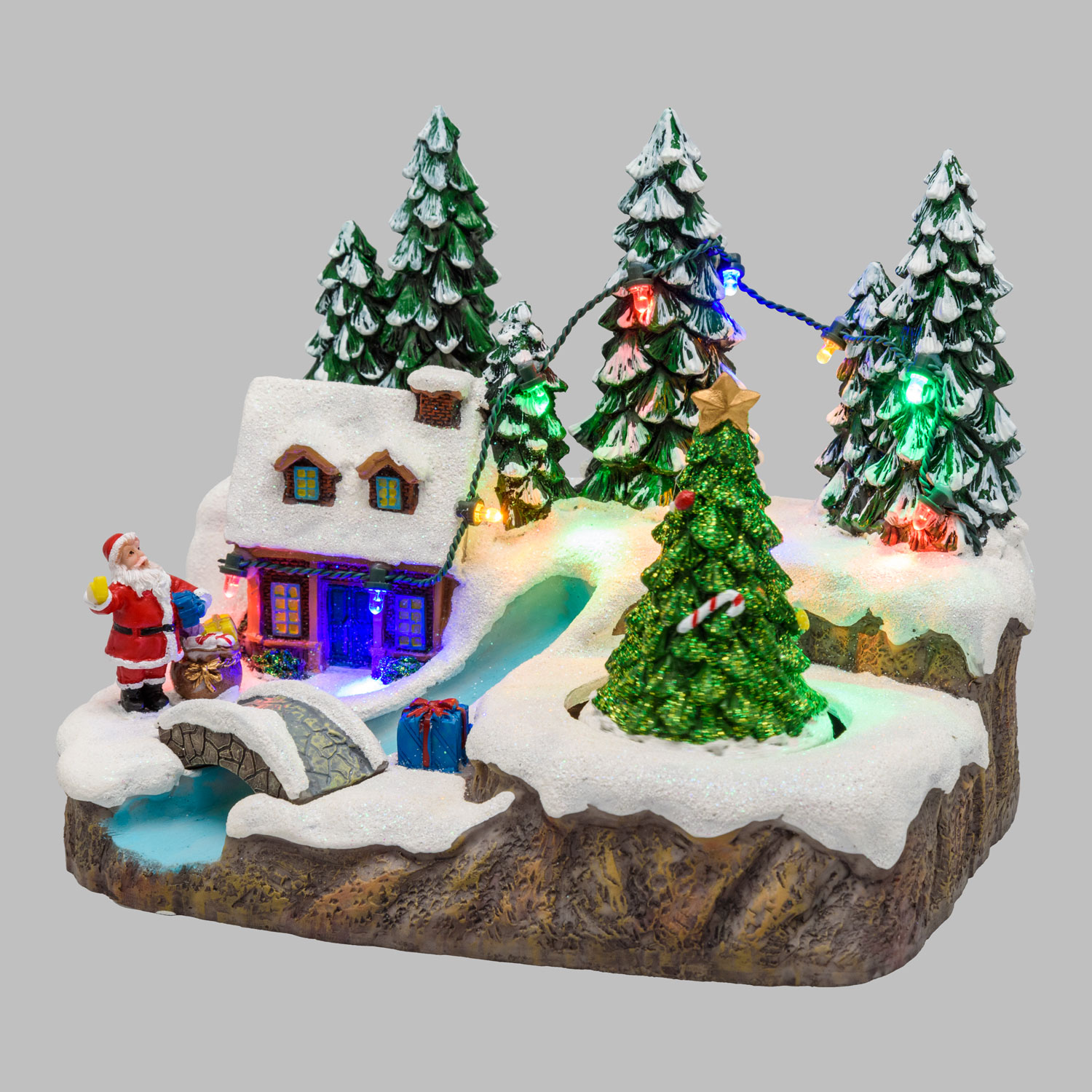 Weihnachtsdorf aus Polyresin, Bach mit Brücke und rotierendem Baum, h 15 cm, mit Weihnachtslieder 4 Weihnachtsdorf aus Polyresin, Bach mit Brücke und rotierendem Baum, h 15 cm, mit Weihnachtslieder 4