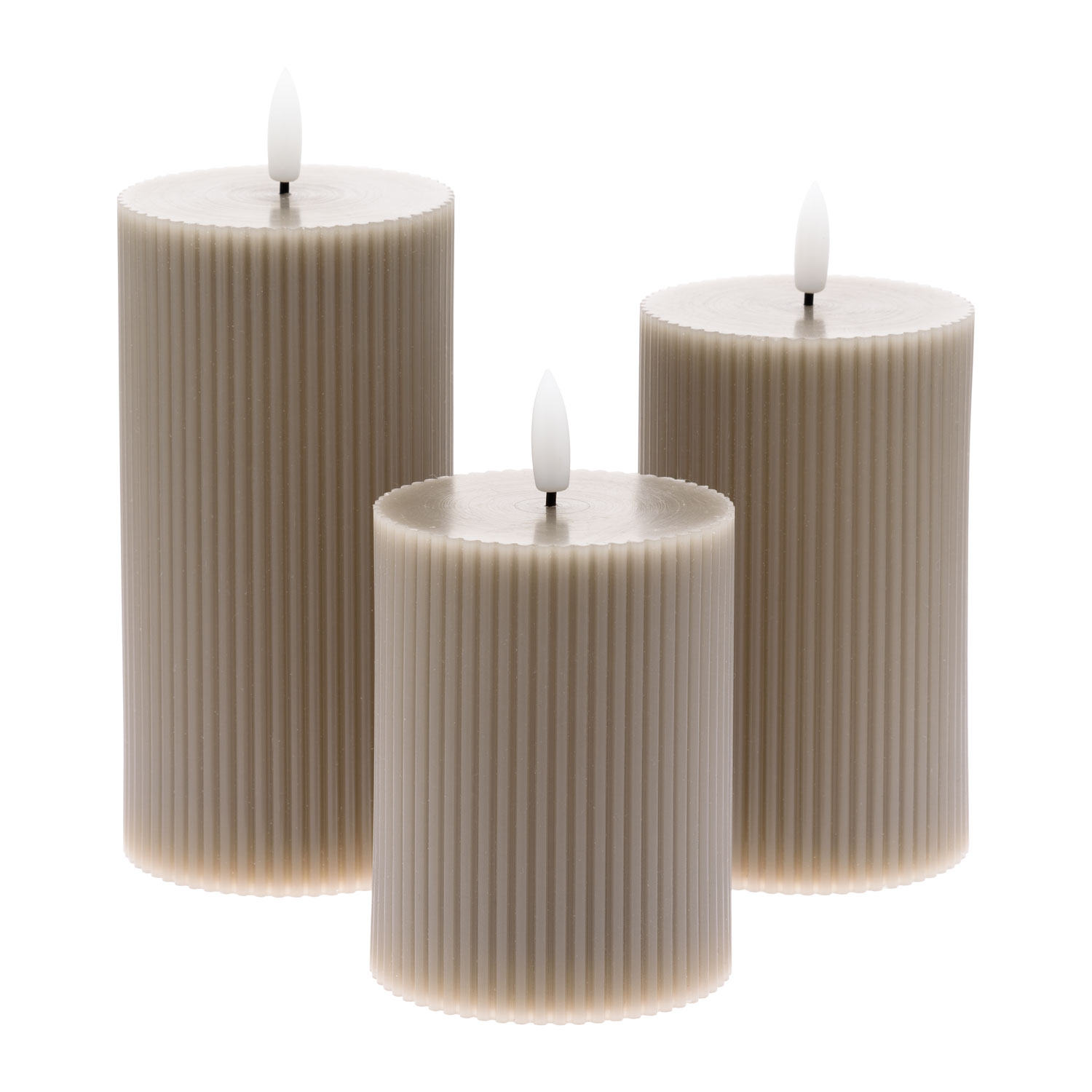 Set von 3 graubraunen Rippenkerzen aus Wachs mit 3D-Flamme und Docht 4 Set von 3 graubraunen Rippenkerzen aus Wachs mit 3D-Flamme und Docht 4