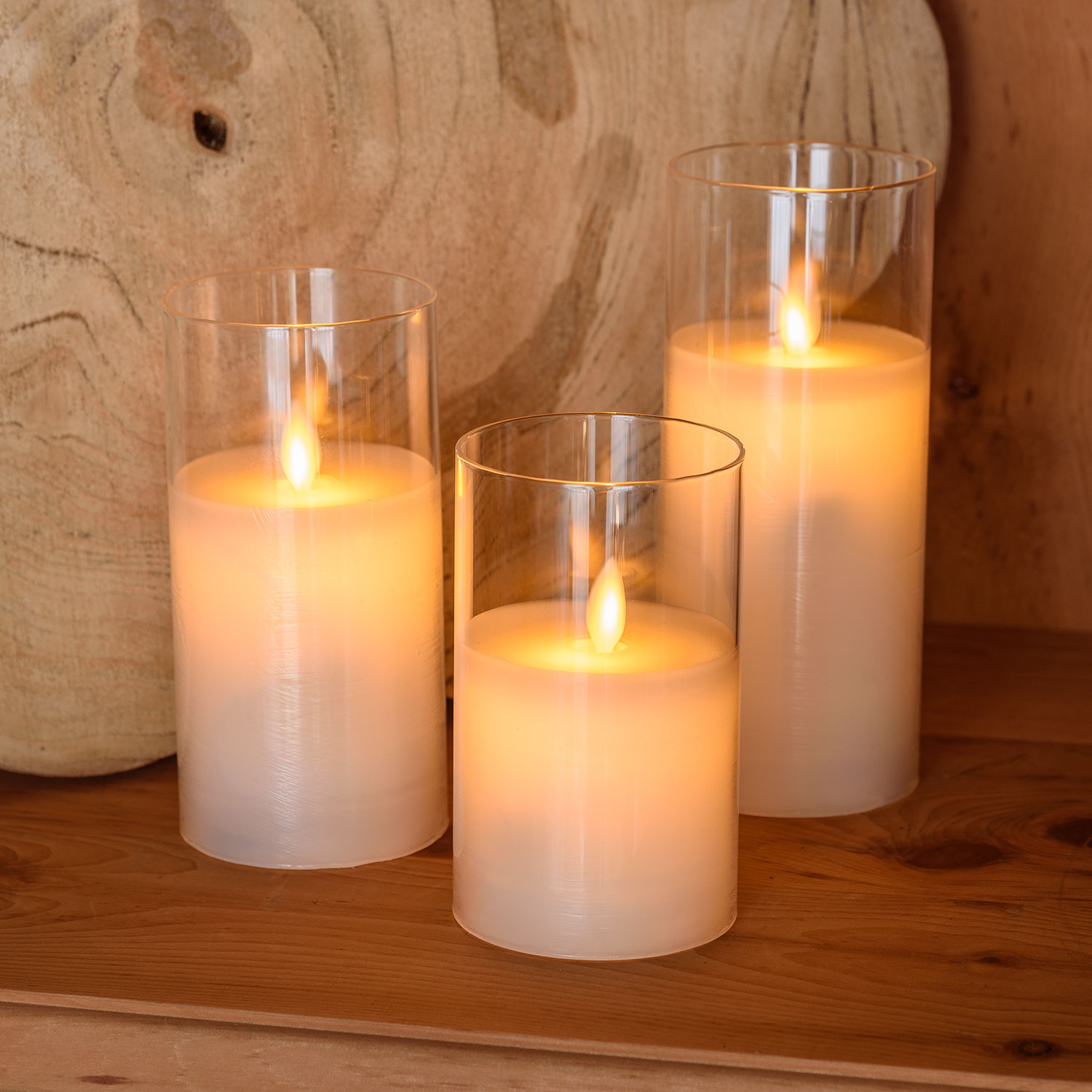 Set 3 candele in vetro, led bianco caldo  Set 3 candele in vetro, led bianco caldo